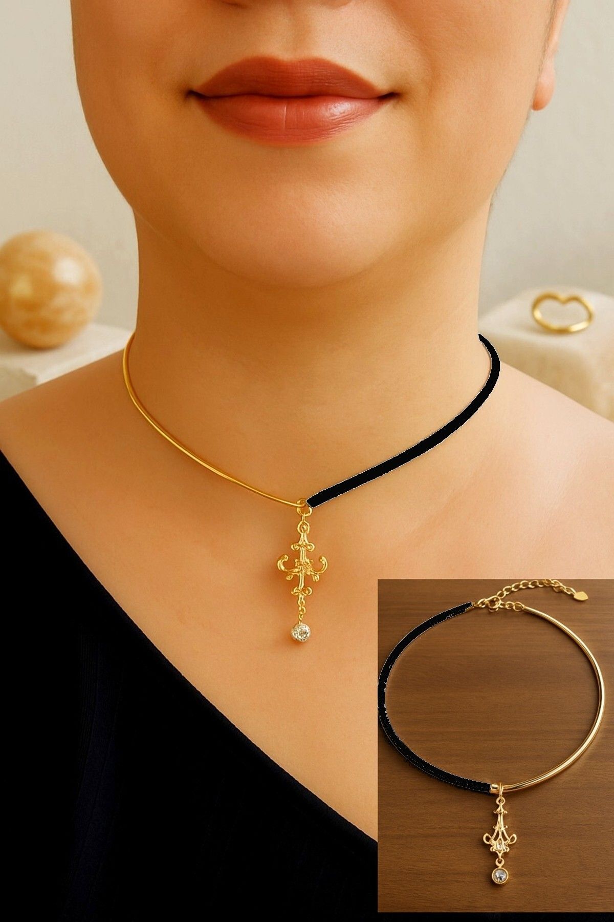 LADYMİRAGE Gerçek Deri & Çelik Choker Kolye