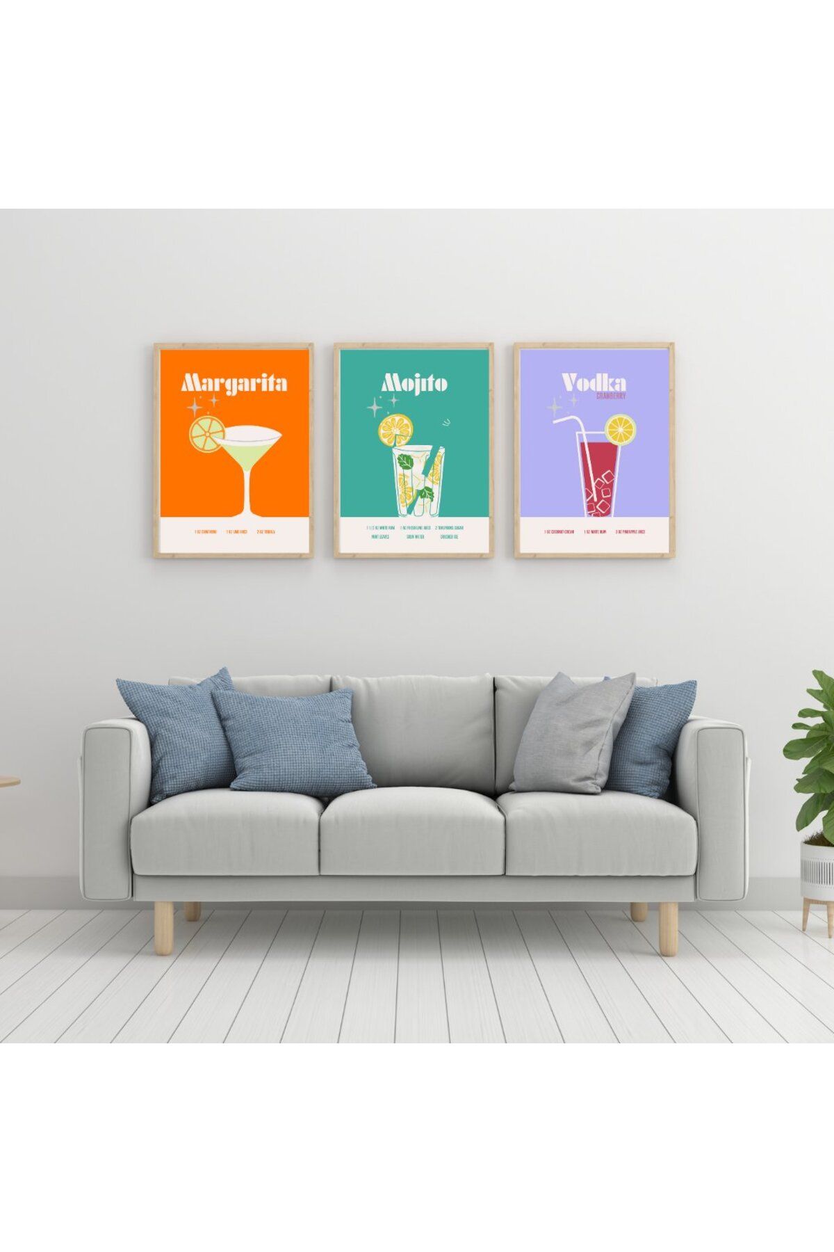 PRYDESIGN Renkli Kokteyler Duvar Tablosu Çerçeveli 3'lü Set