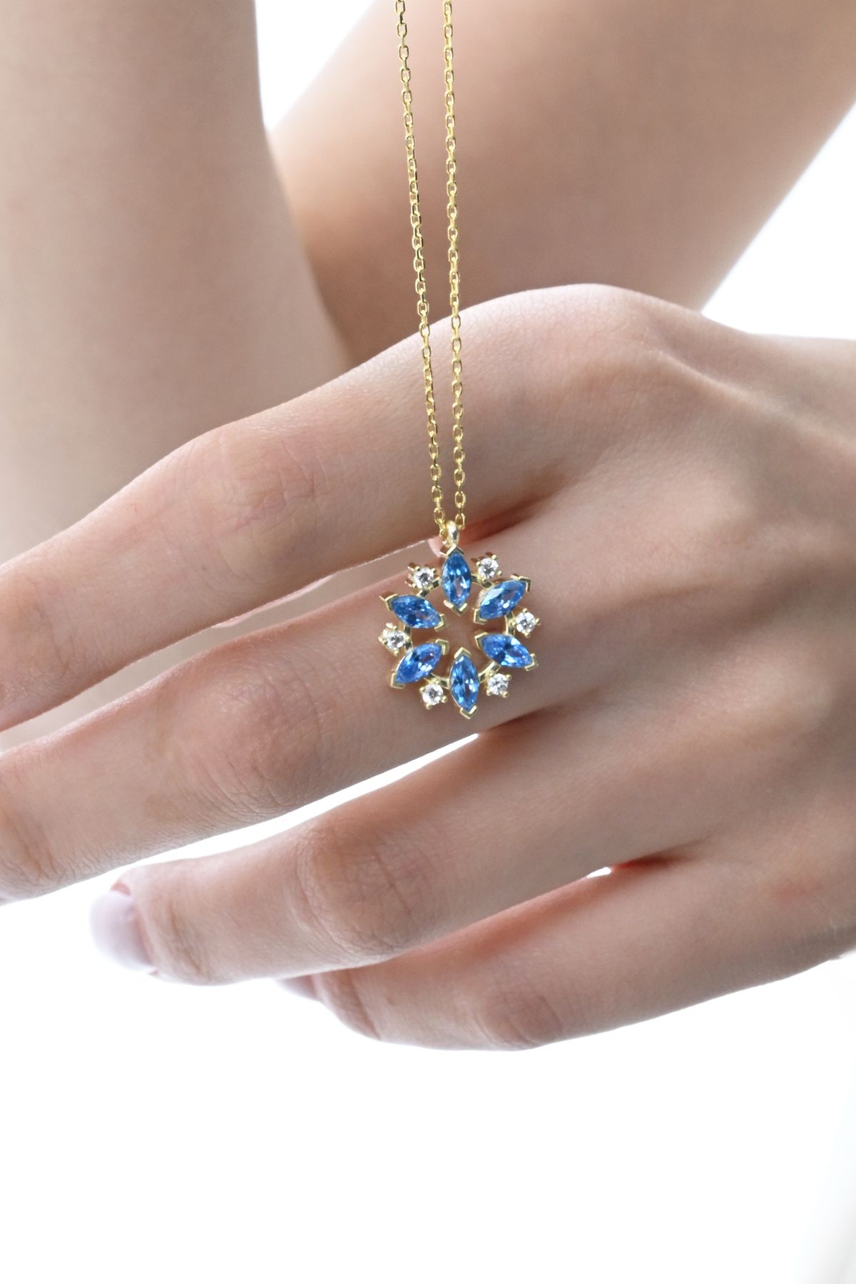 jingle bells Güneş Özel Tasarım 925 Ayar Gümüş Kolye Aqua Zirkon Taşlı Altın Kaplama