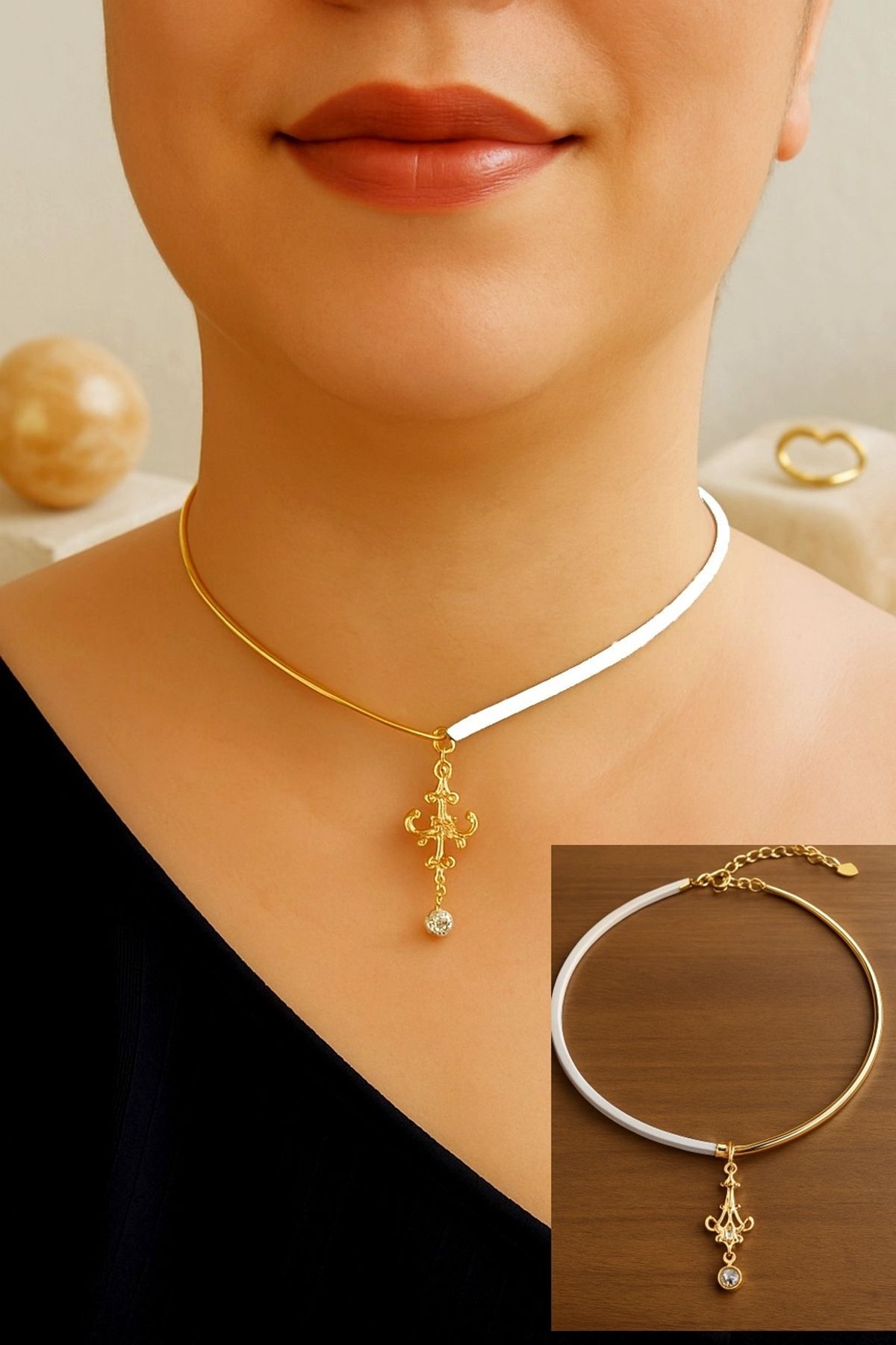 LADYMİRAGE Gerçek Deri & Çelik Choker Kolye