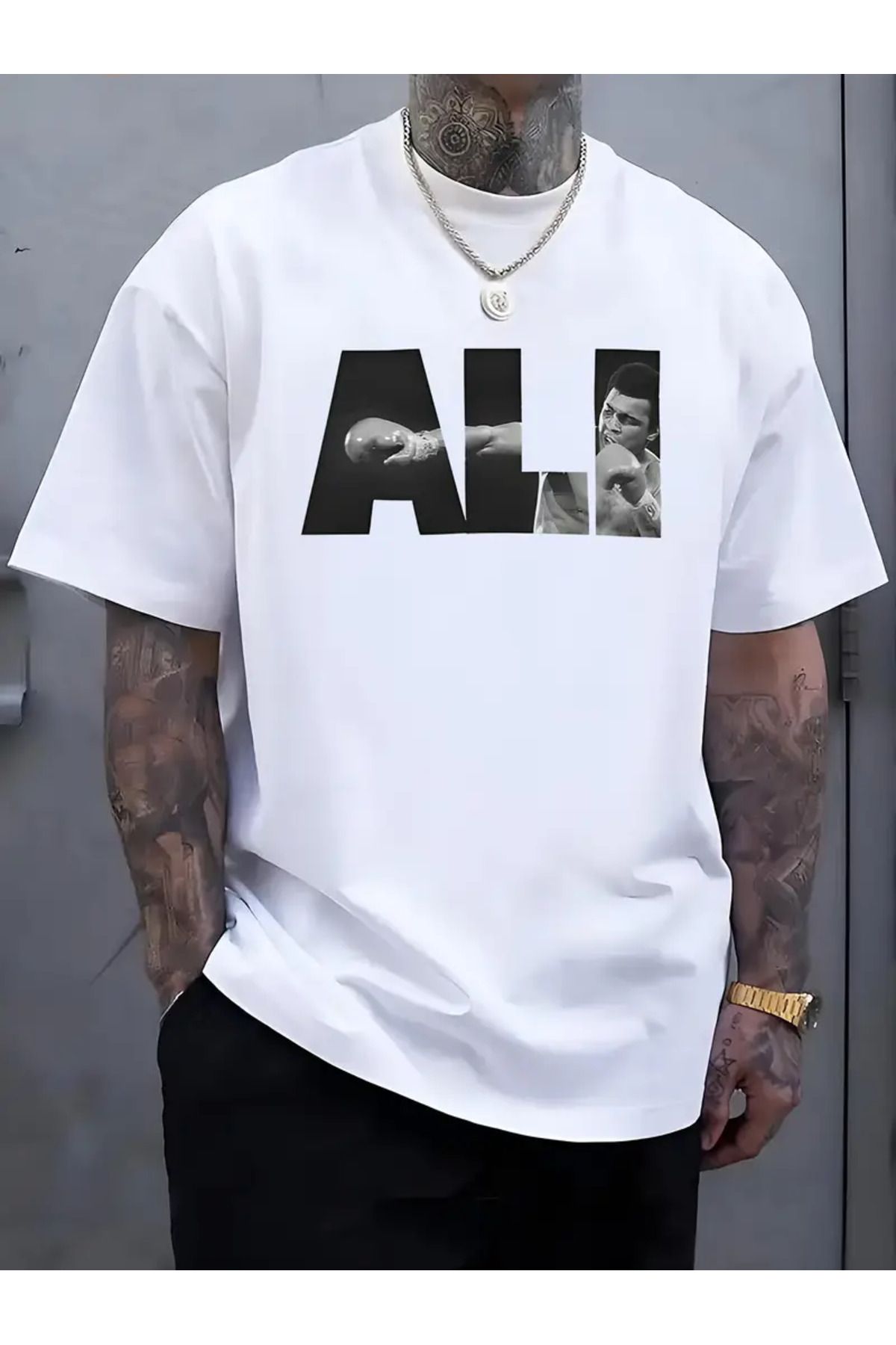 AEMİ Unisex Ali Baskılı Oversize Bisiklet Yaka T-shirt