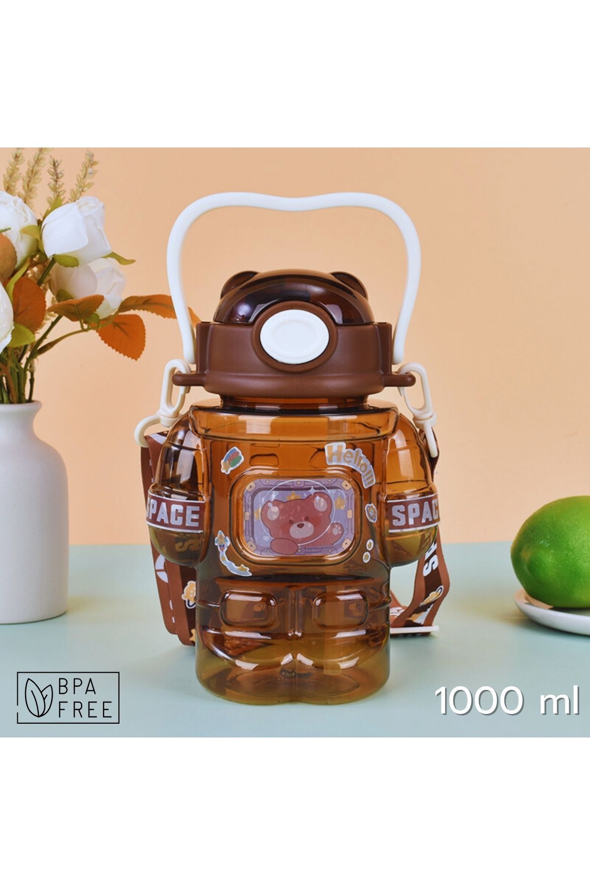 ARVALE Astronot Figürlü 1 Litre Matara | Pipetli ve Geniş Ağızlı | Boyun Askılı | BPA Free