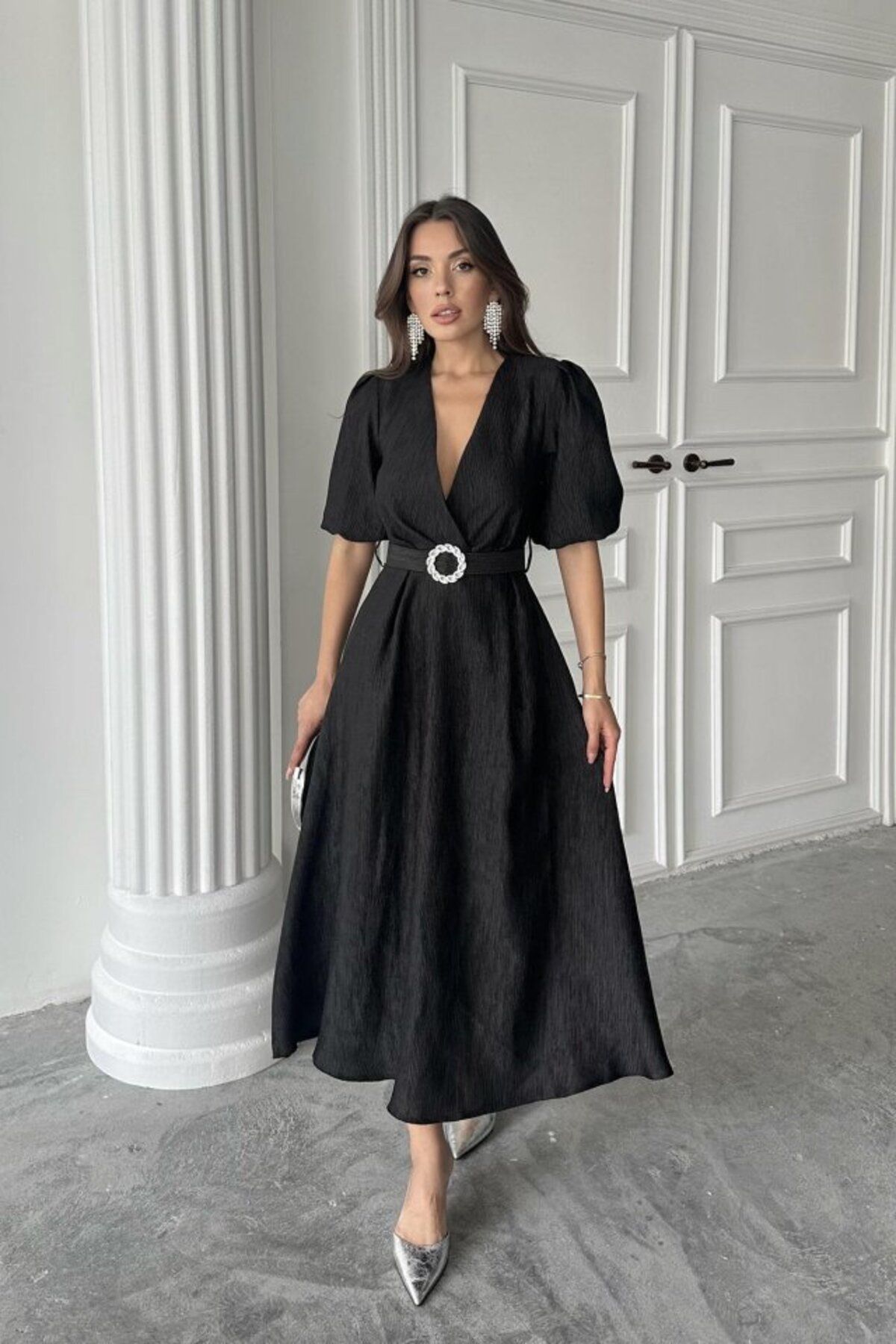 TUA MODA TUA MODA Siyah Işıltılı Kemerli Kruvaze Elbise