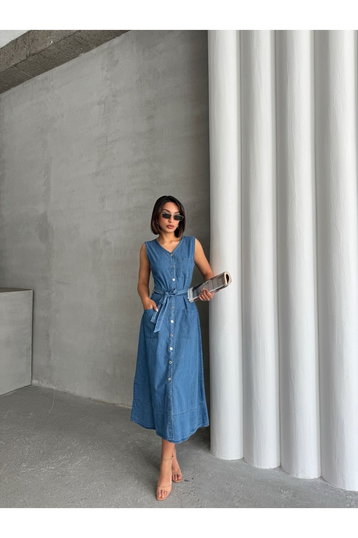Miss Prova Boydan Düğmeli Kuşaklı Cep Detaylı Uzun Denim Lacivert Elbise MISSEL8999
