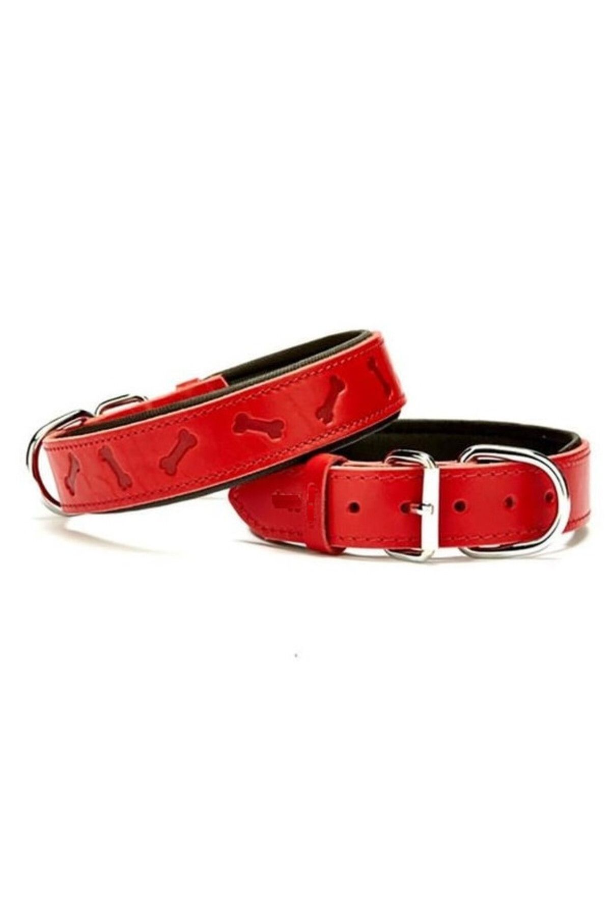 Petzanya Konforlu Gerçek Deriden El Yapımı Kemik Desenli Köpek Boyun Tasması 3,5x47-55cm - Red