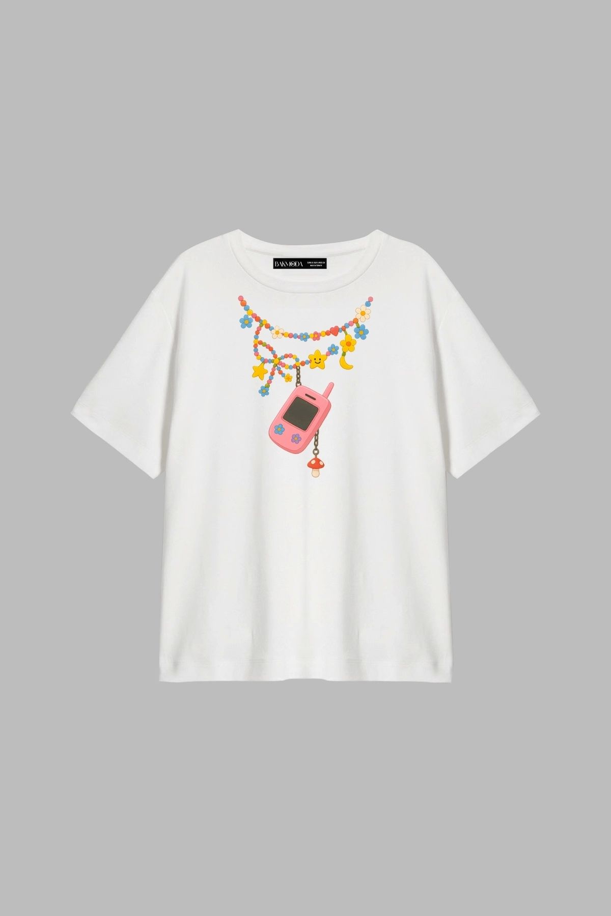 Bak Moda Candy Necklace Baskılı Relaxed Fit Beyaz Kadın Tshirt