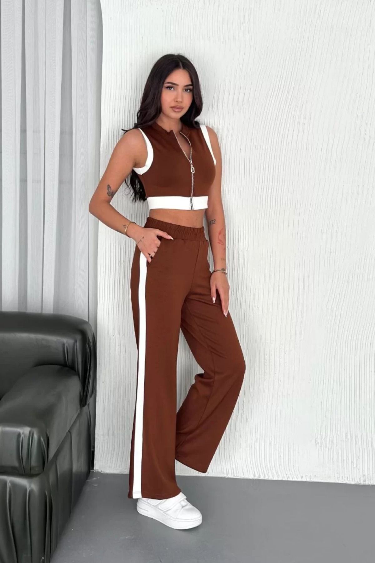 İndigo Park Kadın İkili Takım crop pantolon Osy Modal Yumuşak Dokulu Kumaş Tam Fermuarlı