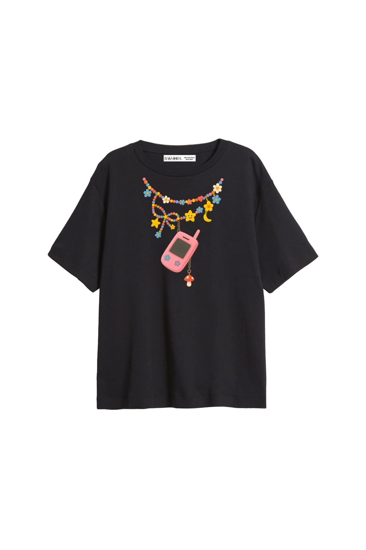 Bak Moda Candy Necklace Baskılı Relaxed Fit Siyah Kadın Tshirt