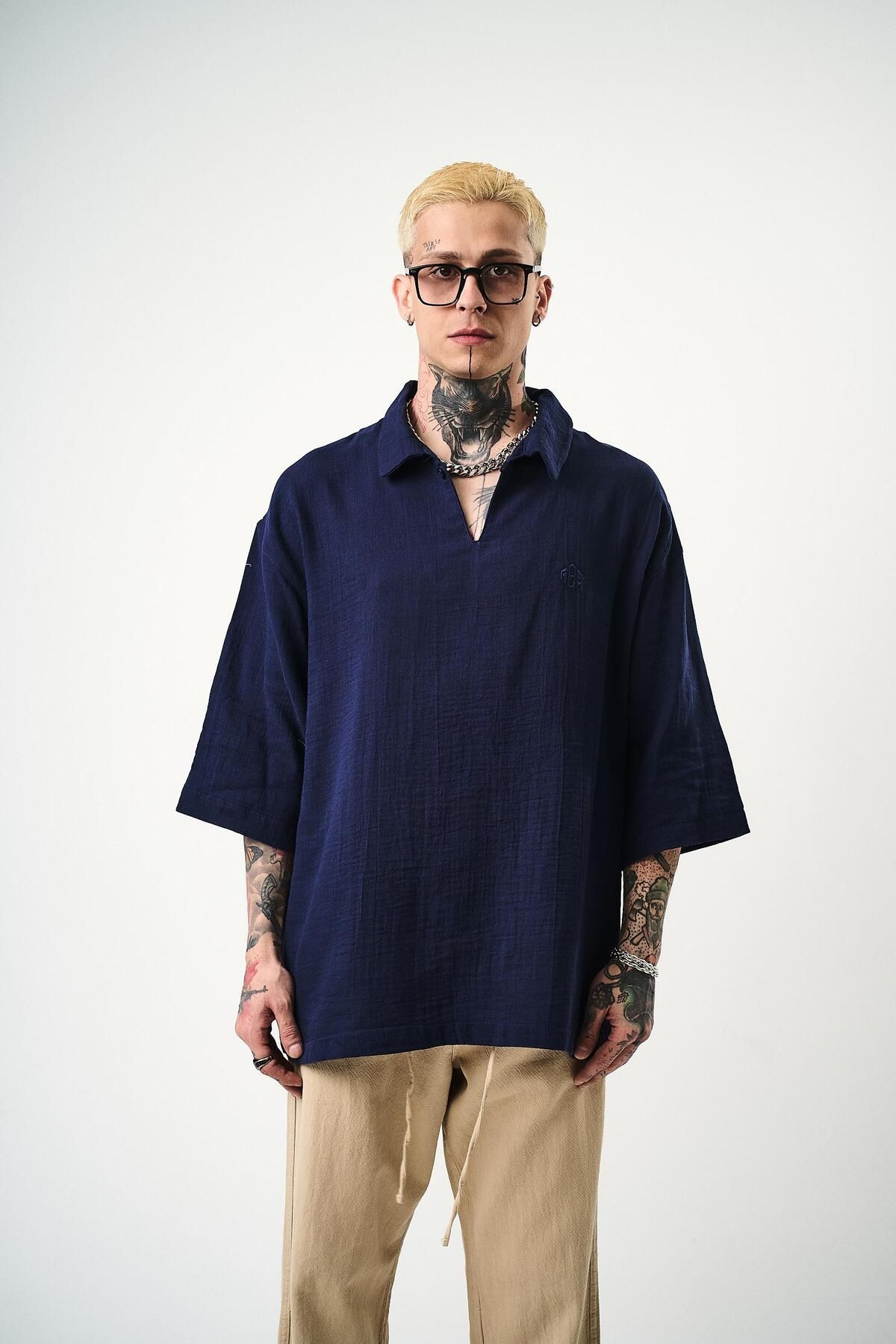 Respire Erkek Polo Yaka Fakir Kol Müslin Oversize T-Shirt Lacivert