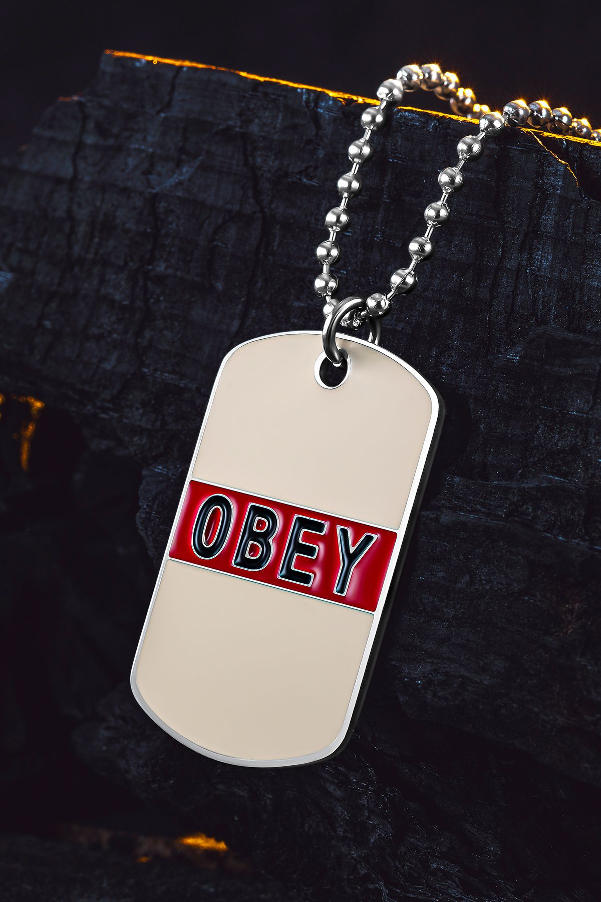 OSMANLI GÜMÜŞ Urban Creed OBEY Yazılı Çelik Erkek Kolye Parlak Top Zincir