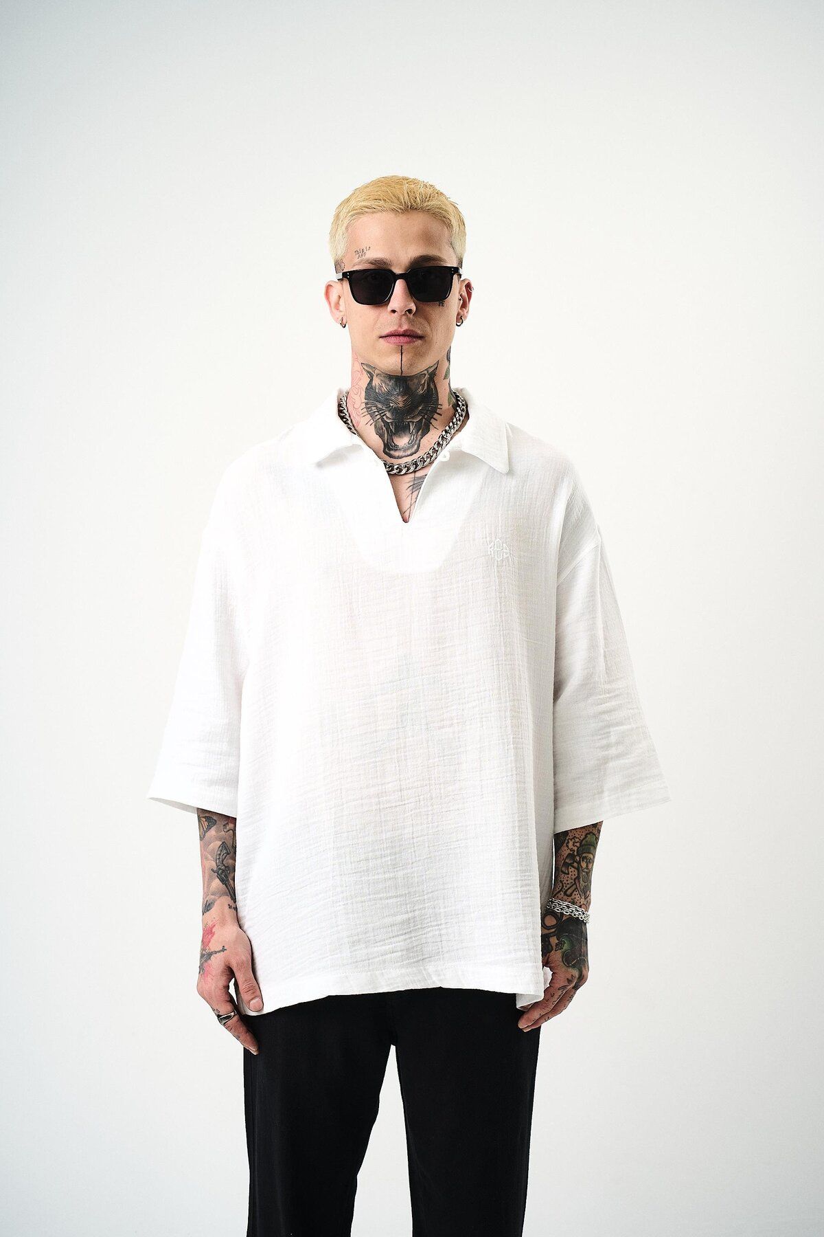 Respire Erkek Polo Yaka Fakir Kol Müslin Oversize T-Shirt Ekru
