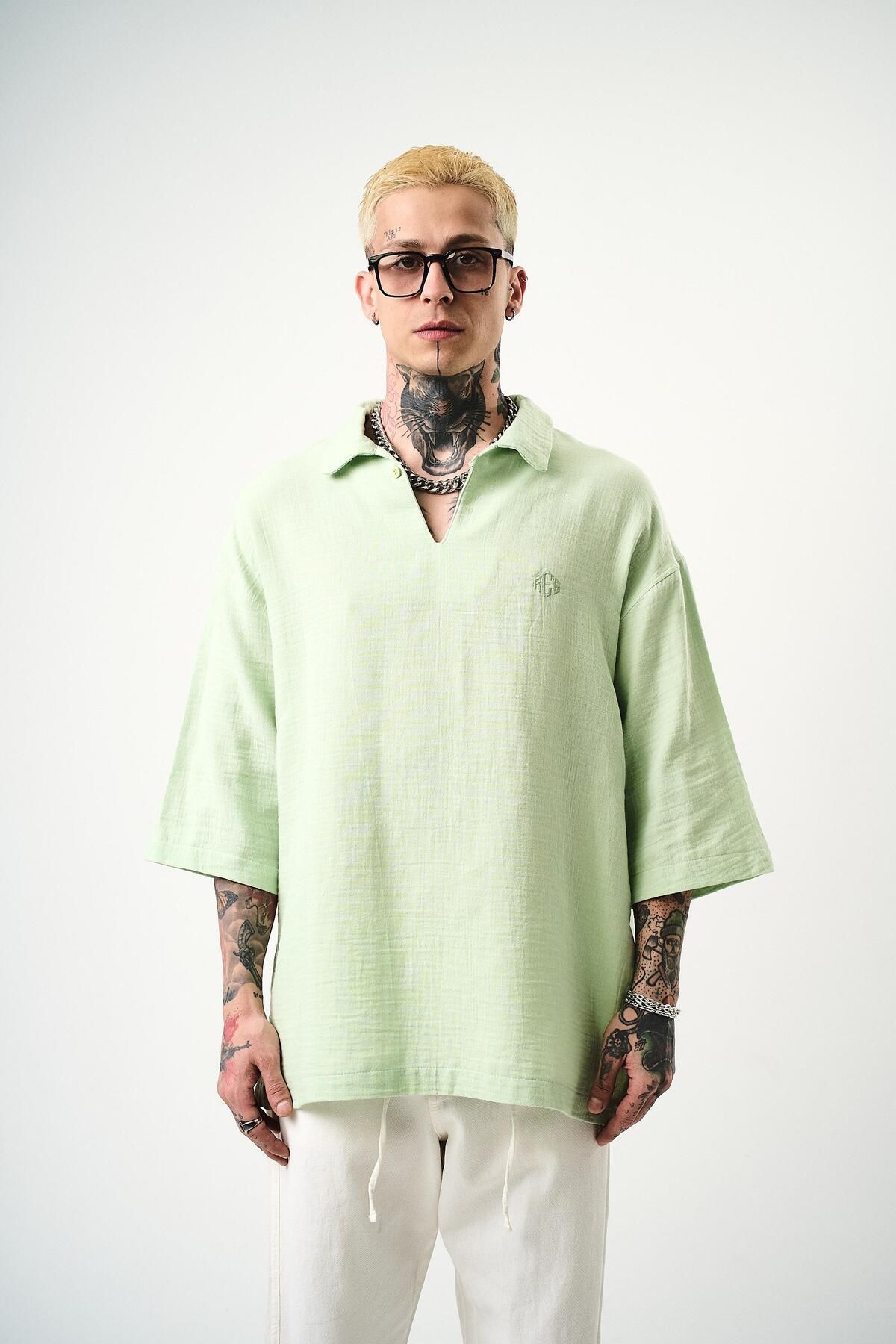 Respire Erkek Polo Yaka Fakir Kol Müslin Oversize T-Shirt Mint