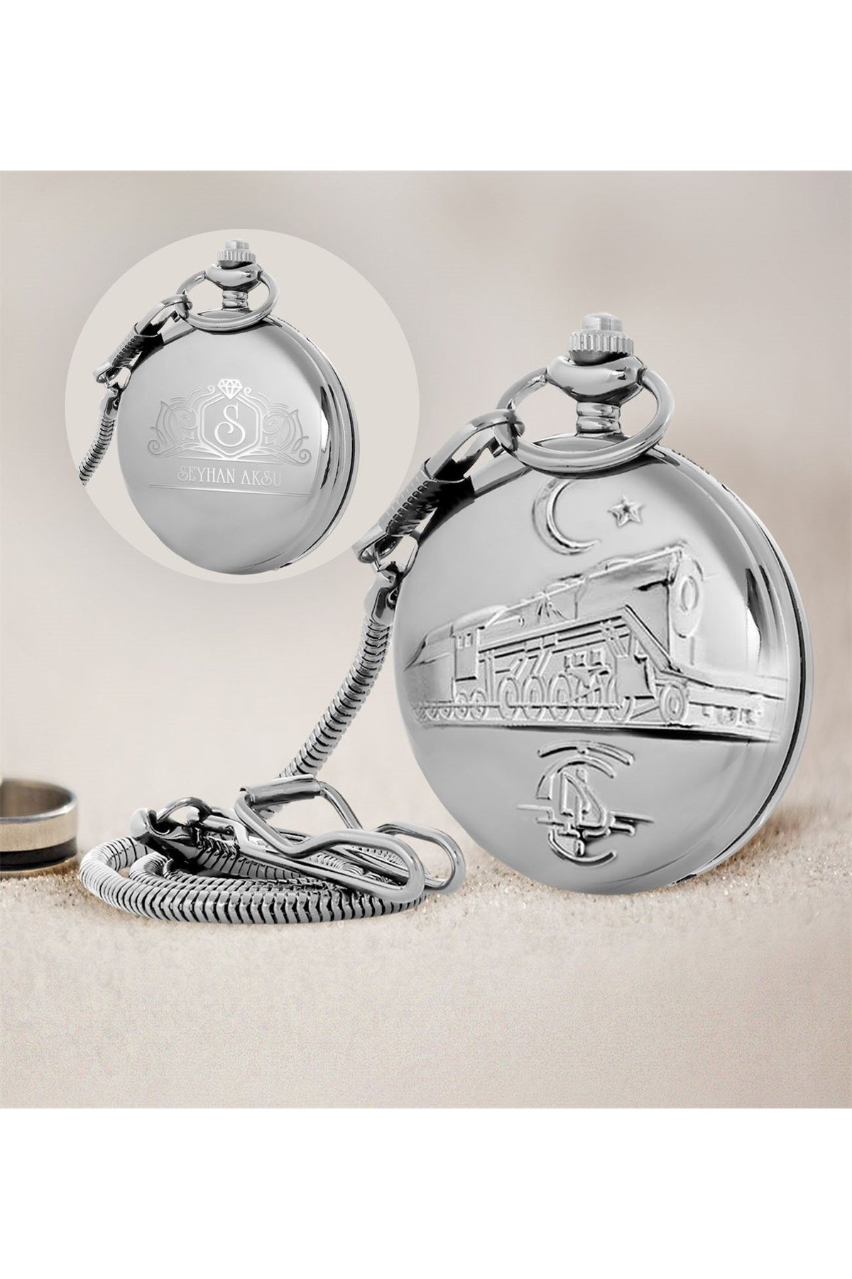 Custom Tcdd Train Embossed Silver Shackle Pocket Watch