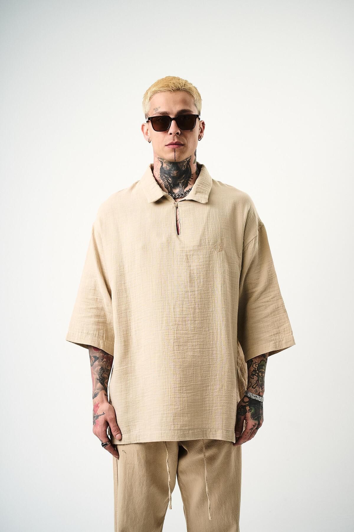 Respire Erkek Polo Yaka Fakir Kol Müslin Oversize T-Shirt Bej