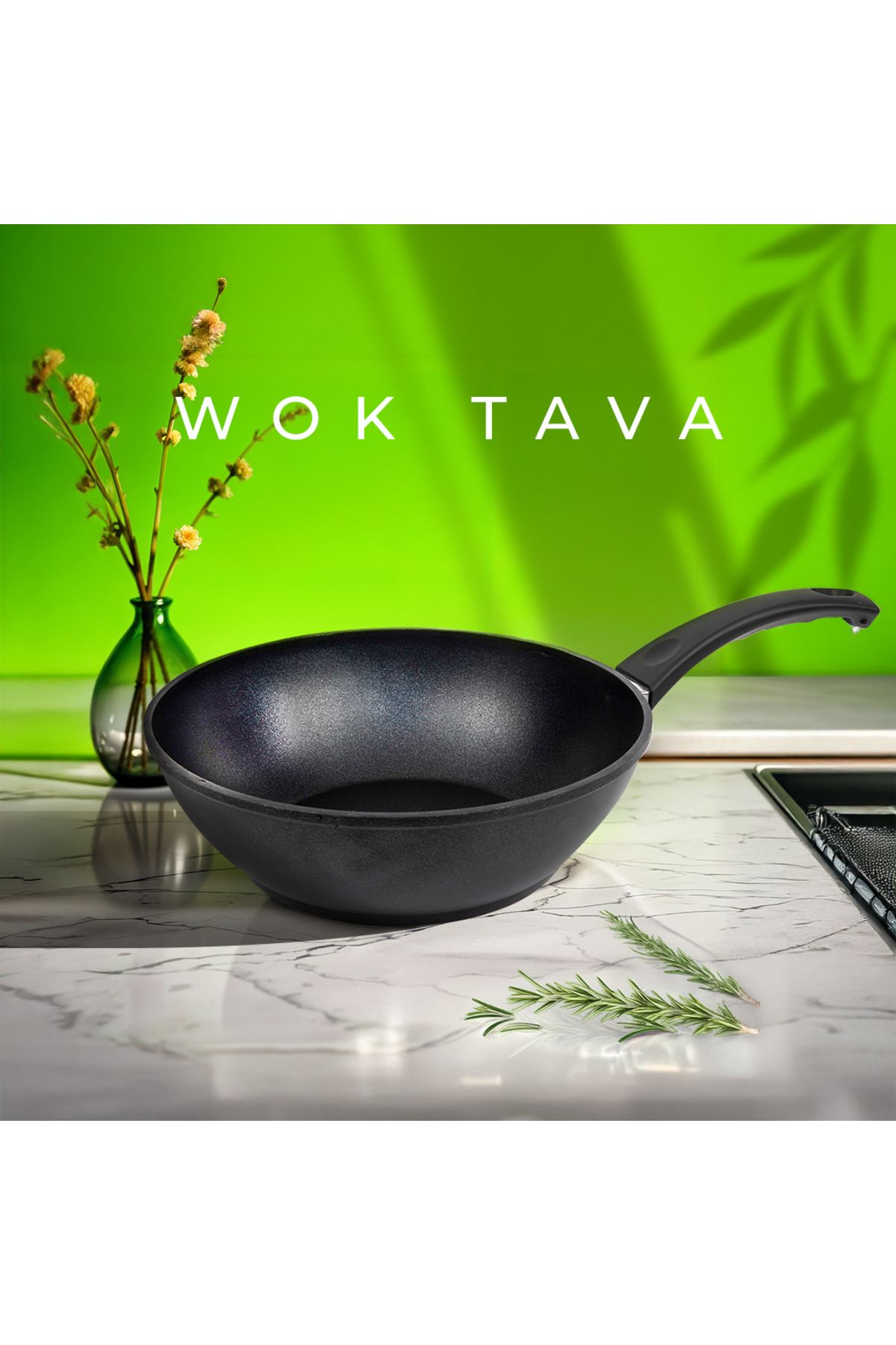ELDİPA Granit Efektli Döküm Wok Tava (29 cm) – Yapışmaz Yüzey, Derin ve Geniş Tasarım