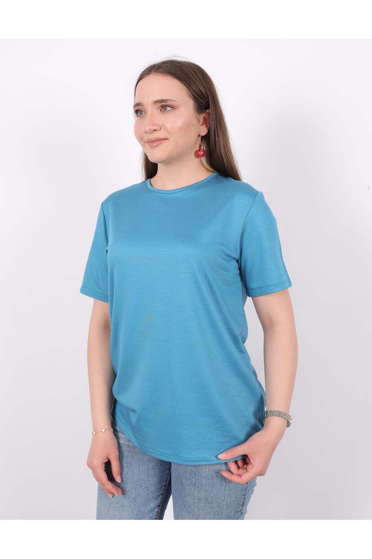 Linvey Kado Likralı Kısa Kollu Bisiklet Yaka Rahat Kalıp Penye T-shirt,Bluz,İçlik