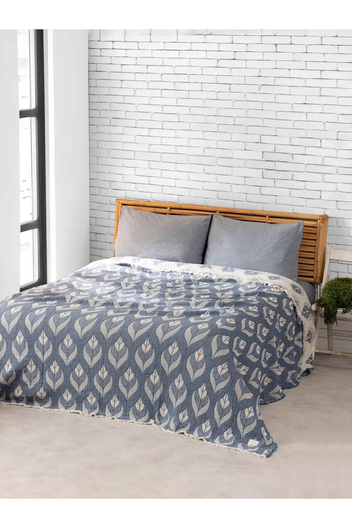 MYLASA HOME Müslin 4 Katlı Küçük Yaprak Desenli (Jakarlı) Çift Kişilik Yatak Örtüsü-Yazlık Pike 220x240cm
