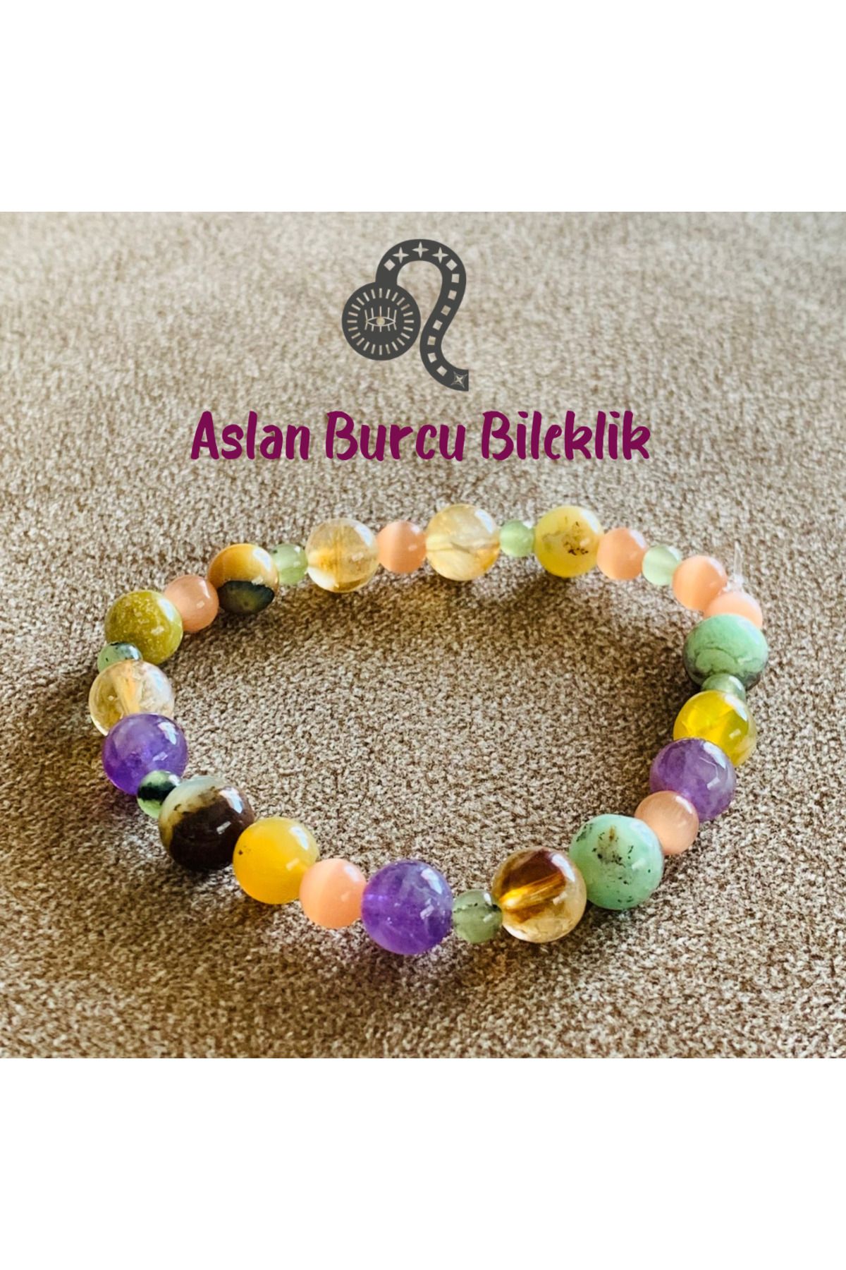 PALMISH LOVER Aslan Burcu Bilekliği Doğal Taş Ametist, Sitrin, Sarı , Prenit, Kedi Gözü, Yeşil Kuvars