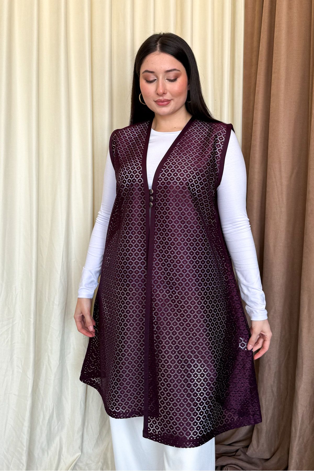 ModaPlaza Kadın B.Beden Dantel Uzun Yelek 260