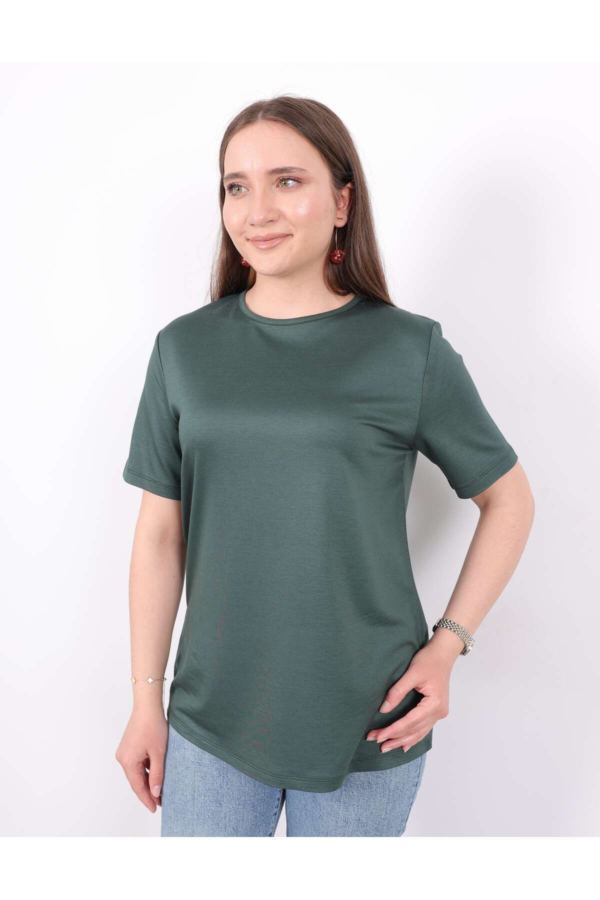Linvey Kado Likralı Kısa Kollu Bisiklet Yaka Rahat Kalıp Penye T-shirt,Bluz,İçlik