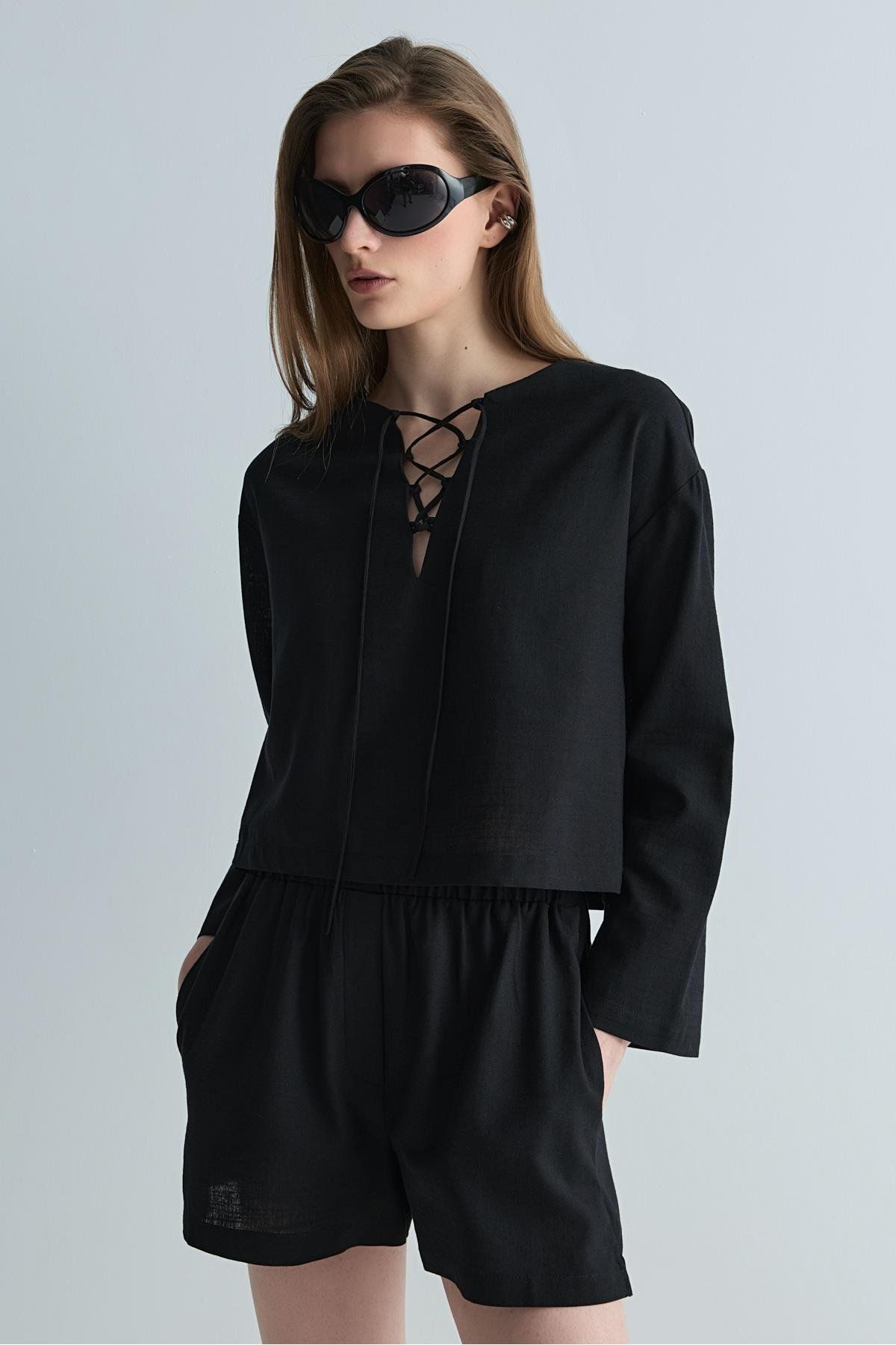 Suud Collection-Black Zoe Basic Linen Shorts 5