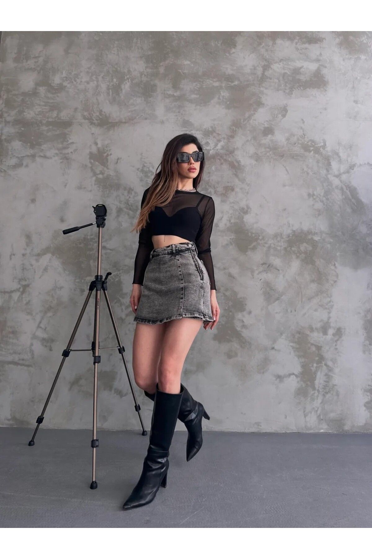 H&E LUXURY DESIGN Kadın Yırtmaç Detaylı Denim Şort Etek