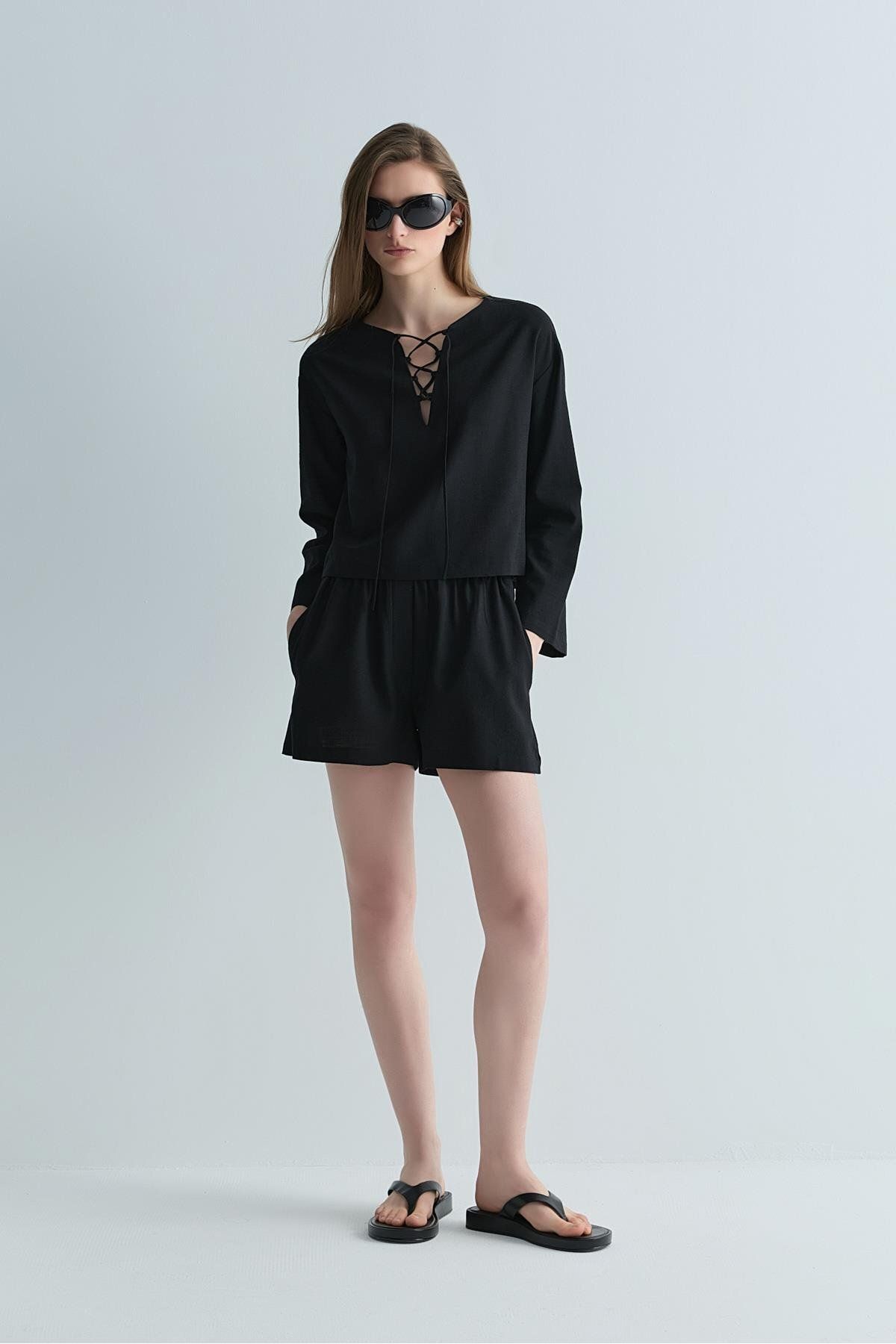 Suud Collection-Black Zoe Basic Linen Shorts 2