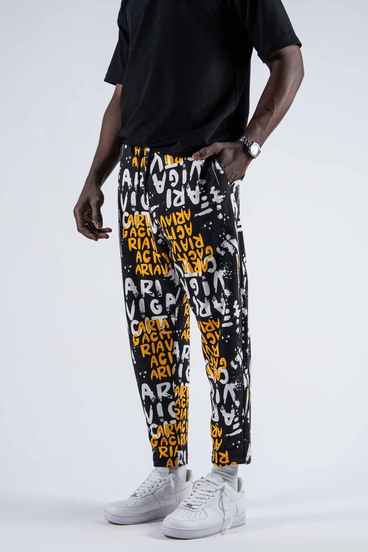 SUPERBLUE-Men's Patterned Loose Yellow Trousers with Elastic Waist 3