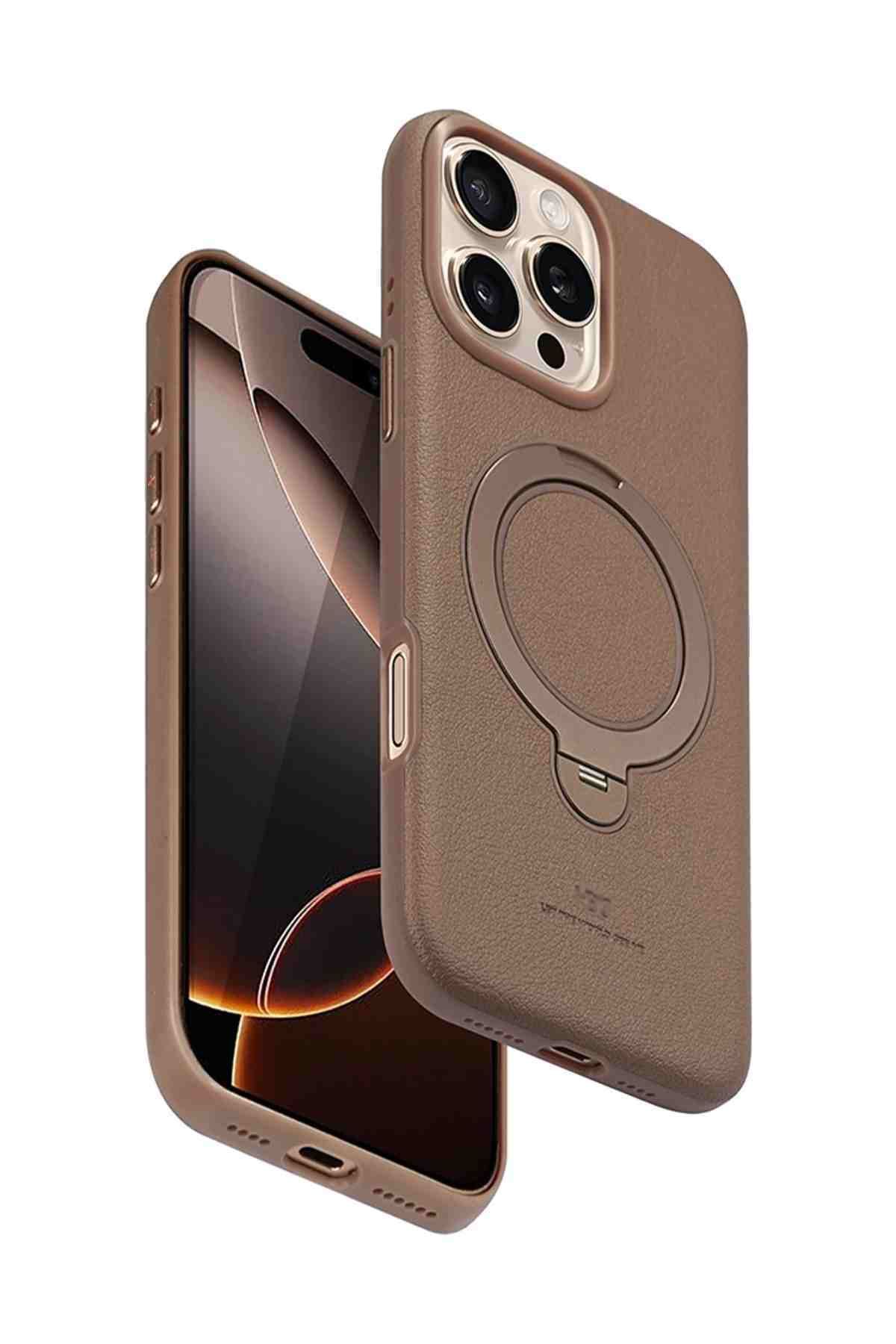 qpen iPhone 16 Pro Uyumlu Manyetik Şarj Özellikli Standlı Deri Kapak