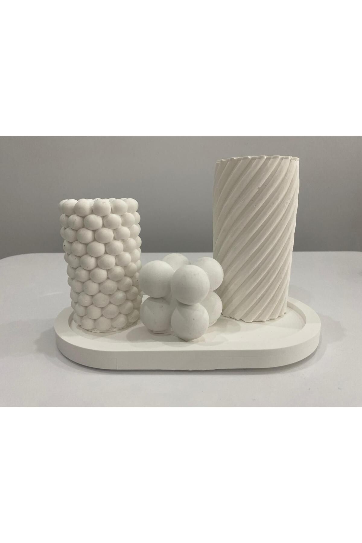 WOODENDECO Beyaz Biblo 3*lü Bubble &Tabak Set Obje Dekor
