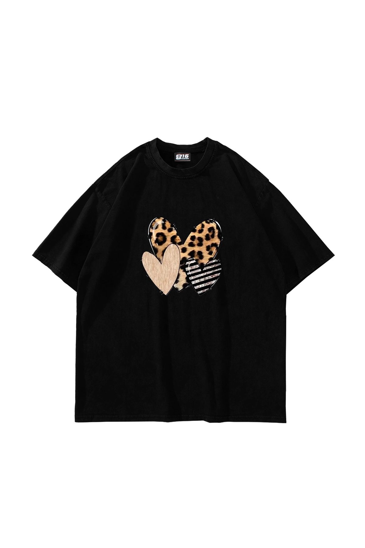 Sekizbiraltı Leopar Heart Baskılı Oversize Unisex Siyah Tshirt