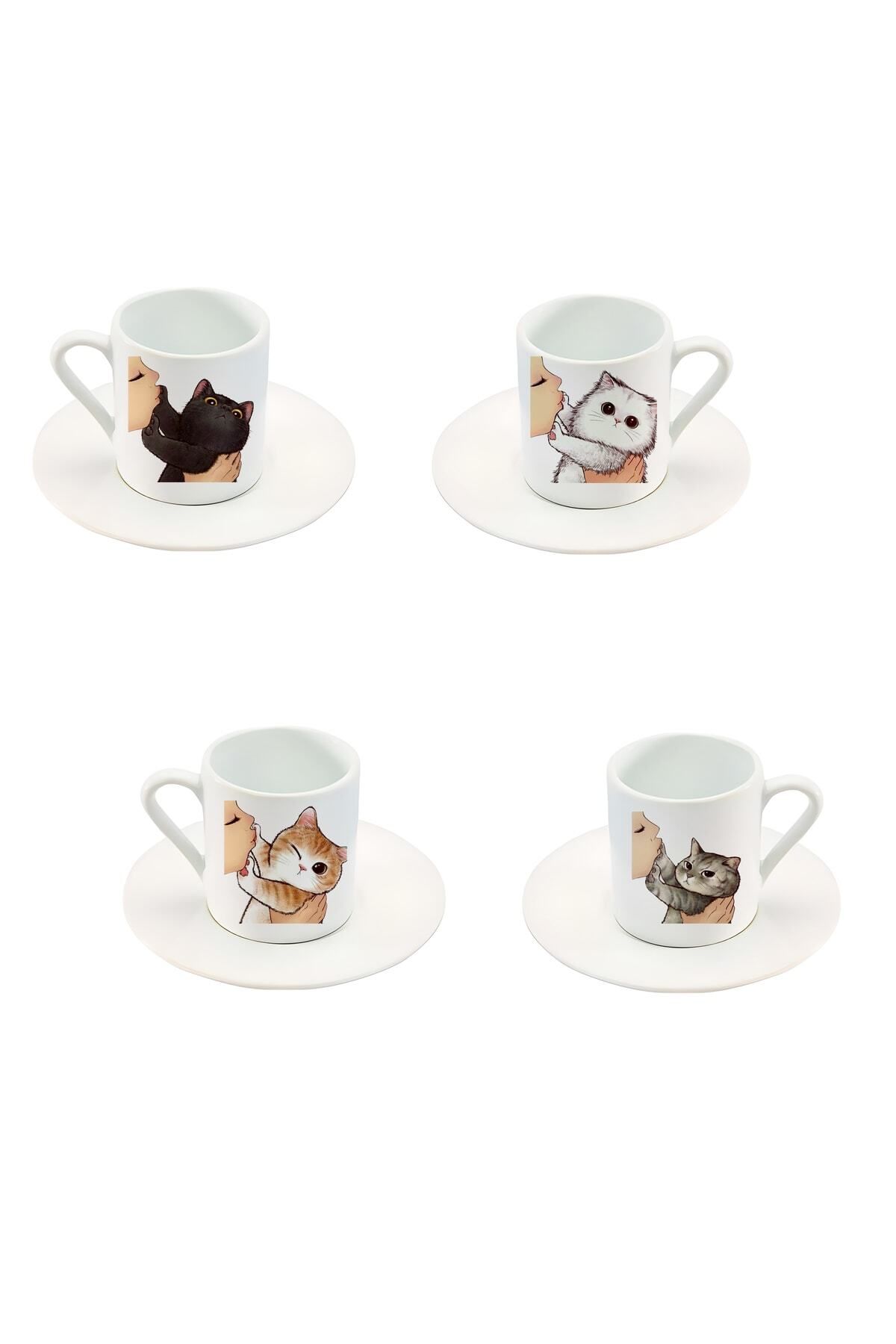 BİBANAPROMOSYON Kedi Baskılı Türk Kahve Fincan Seti 8 Parça