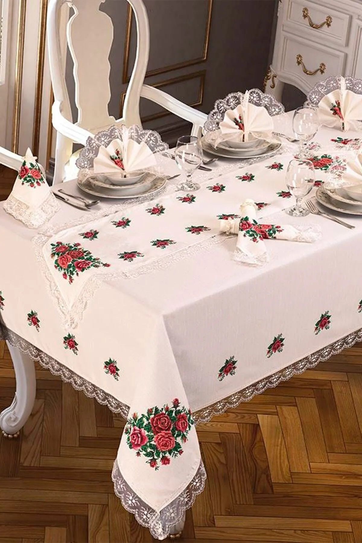 Cardea Home Collection Kanaviçe Baskılı Masa Örtüsü Takımı 8 Kişilk 18 Parça