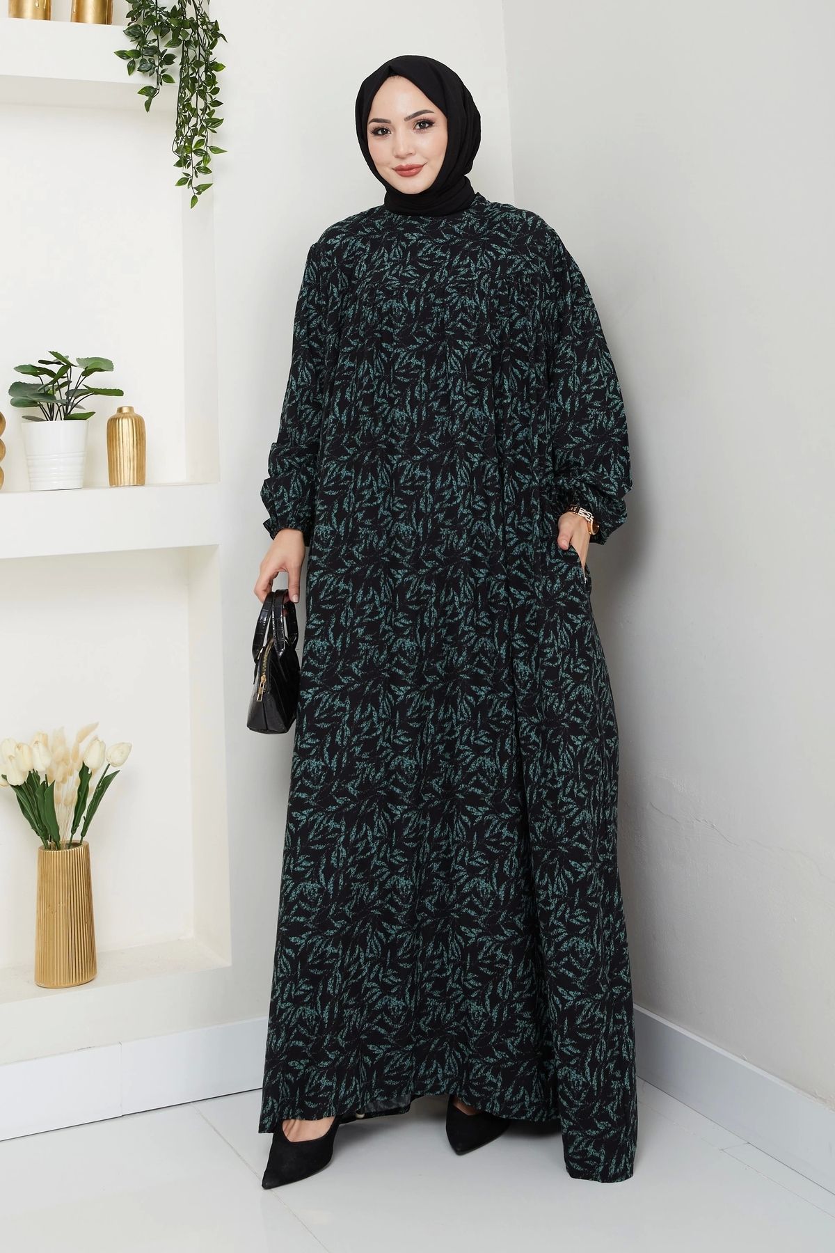 Moda MSK Şık ve Rahat Robalı Büyük Beden Viskon Anne Elbisesi Yeşil