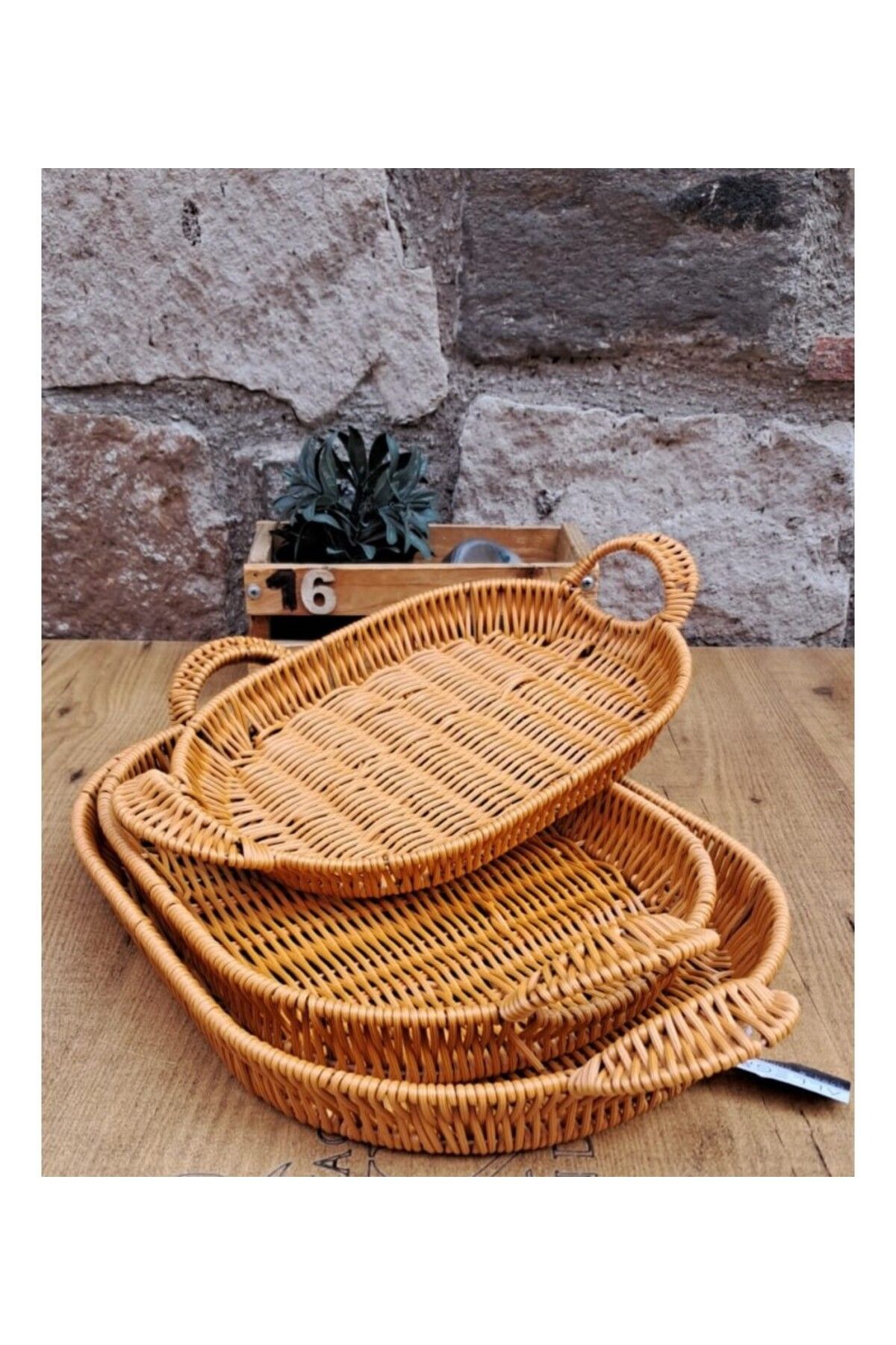 HOMEARTHS 3'lü Örme Oval Rattan Tepsi Seti