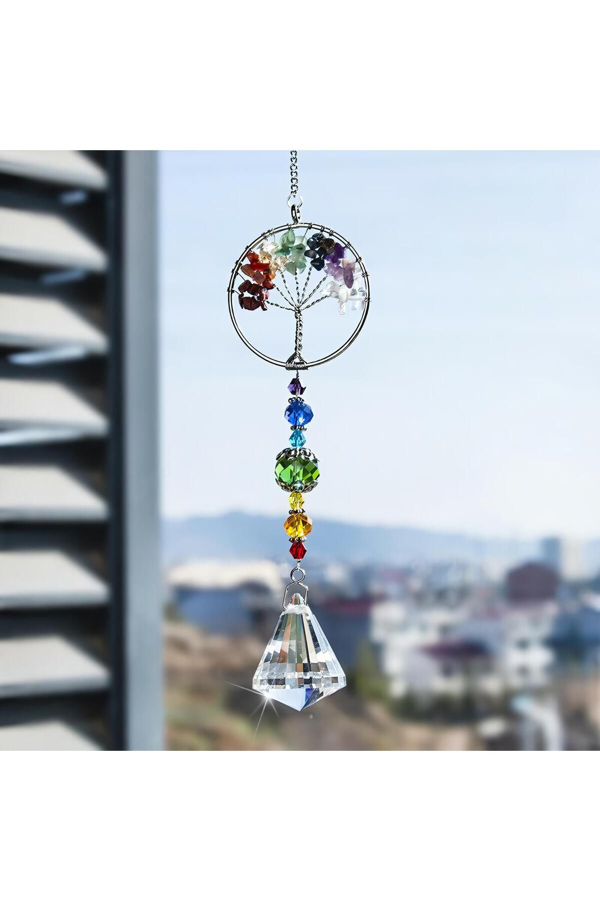 e-life shop Lüks Doğal Taş ve Kristal İşlemeli Hayat Ağacı Tasarımlı Araba Aynası Çakra Meditasyon Süsü 15 cm.