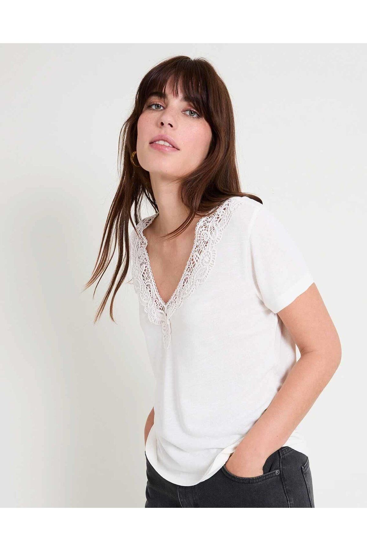 Fashion Friends Çift Taraflı Dantelli Bluz Natural