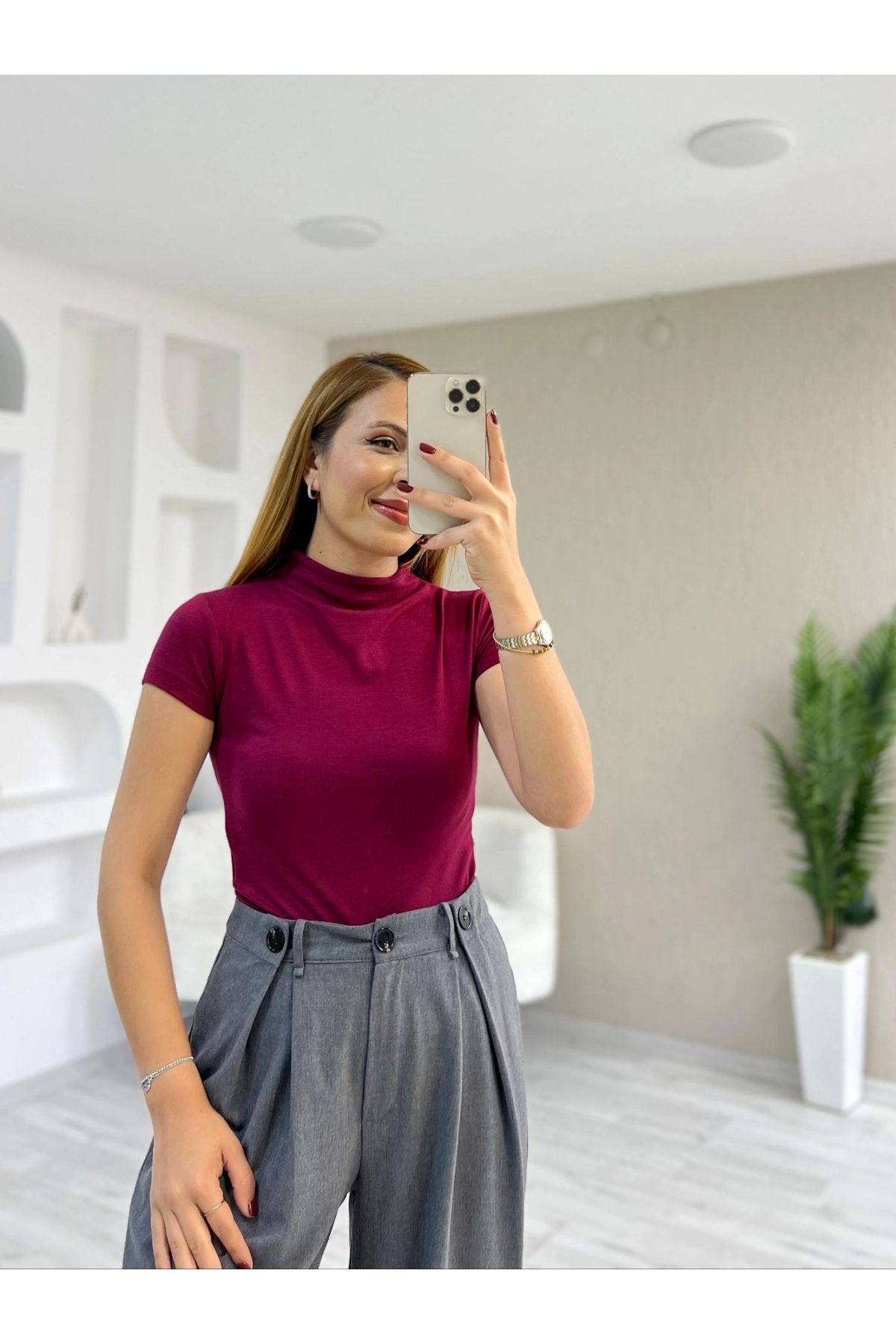 İrka Moda Modal Kumaş Bebe Kol Dik Yaka Tişört Bordo