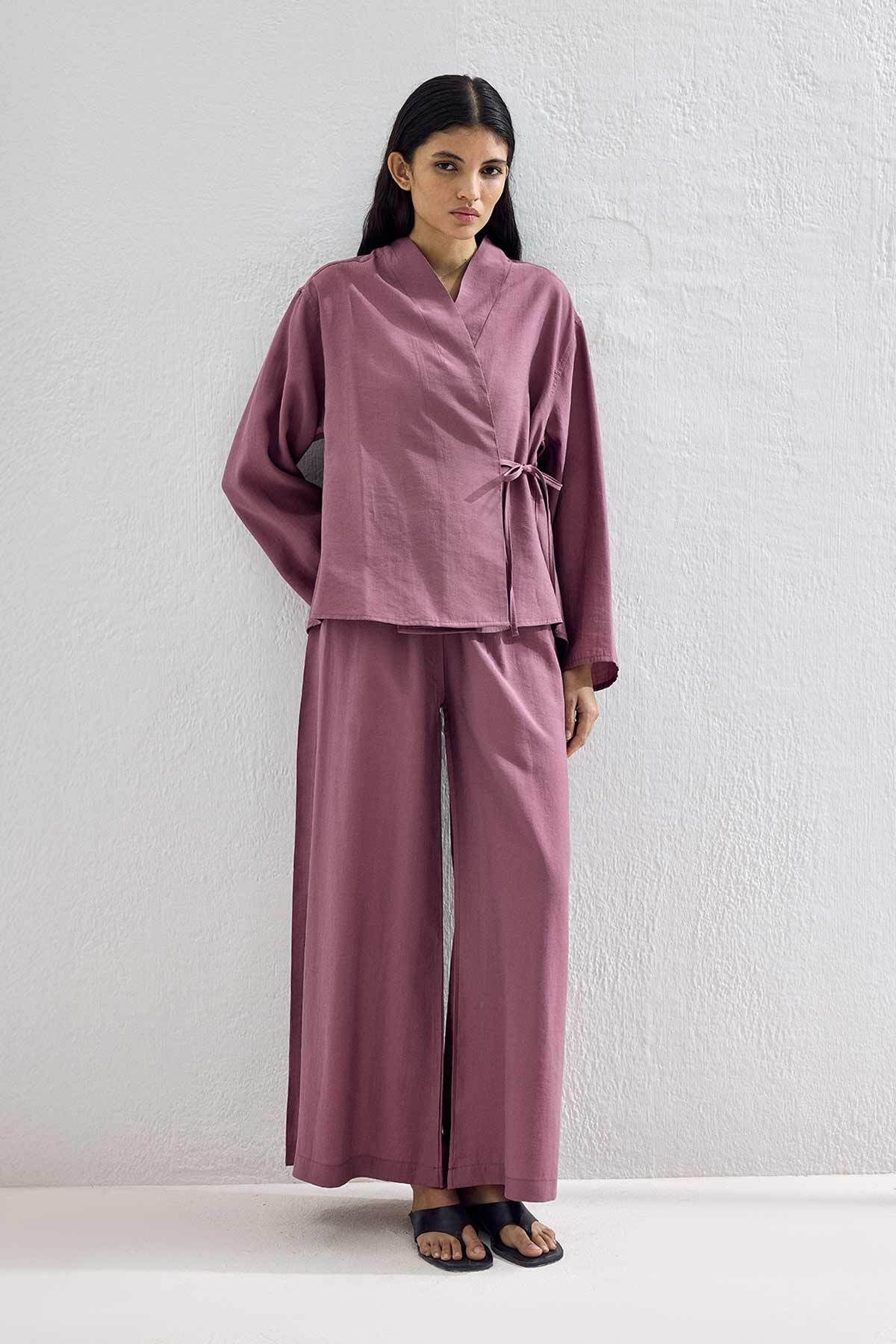 Hooopstore Bağcık Detaylı Lyocell Cupra Mürdüm Kimono Takım