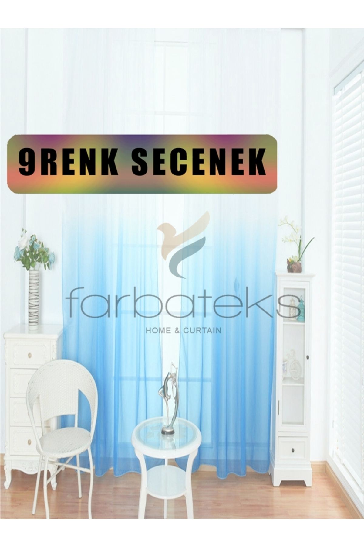 farbateks Mavi Geçişli Tül Degrade Geçişli Tül 2kat Pileli