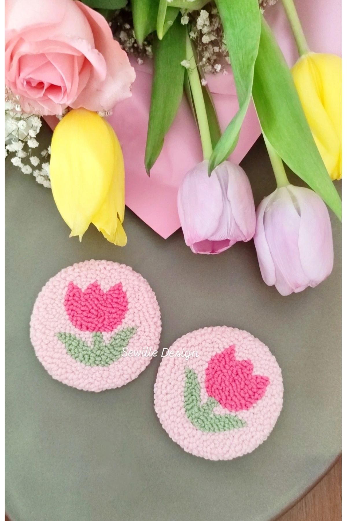 Sewille Design Hand Made Punch İşlemeli Pembe Lale Araba Bardak Altlığı 7 cm 2'li, Araç İçi Aksesuarı
