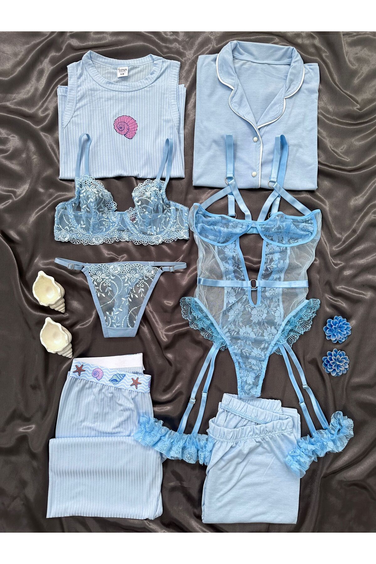 Lena Homewears Kadın Miary 6 Parçalı Dev Pijama Jartiyer İç Çamaşır Seti