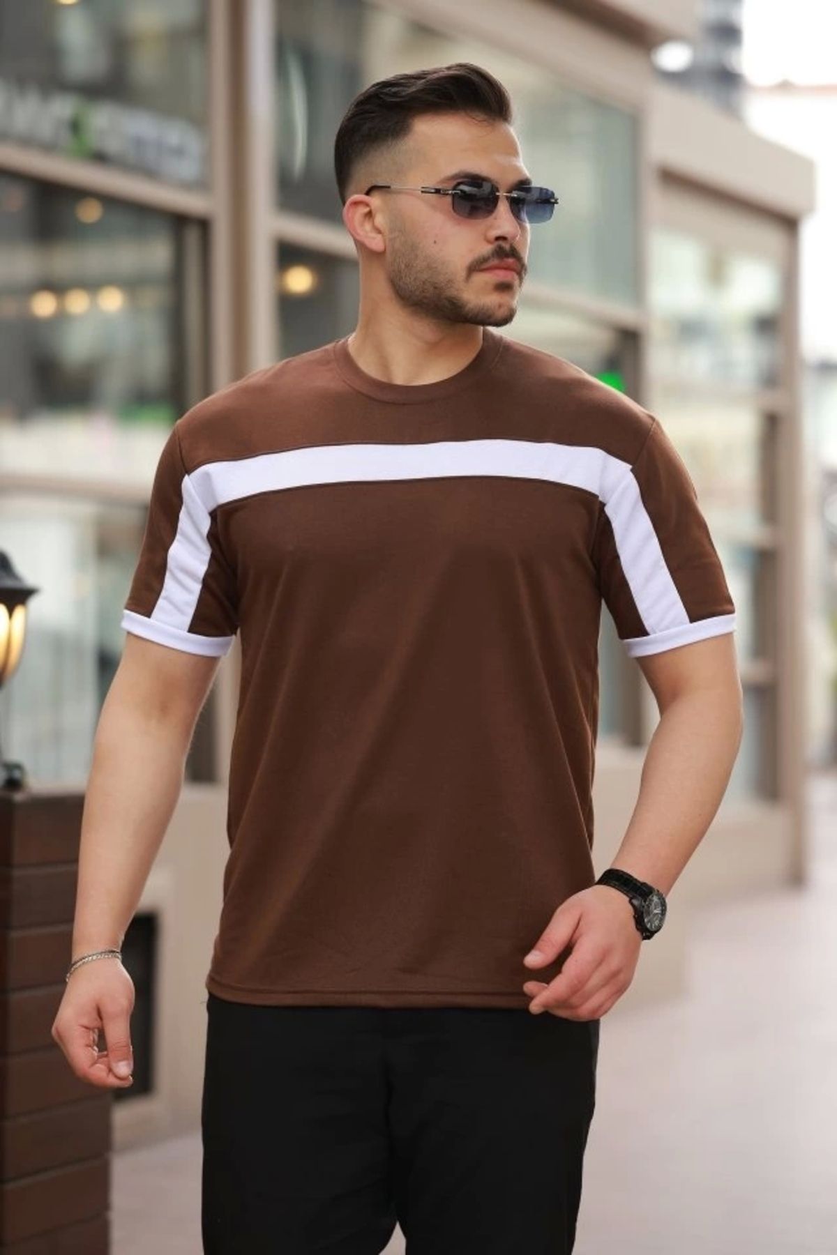 Kaplan Erkek şerit Detaylı Kısa Kollu T-shirt