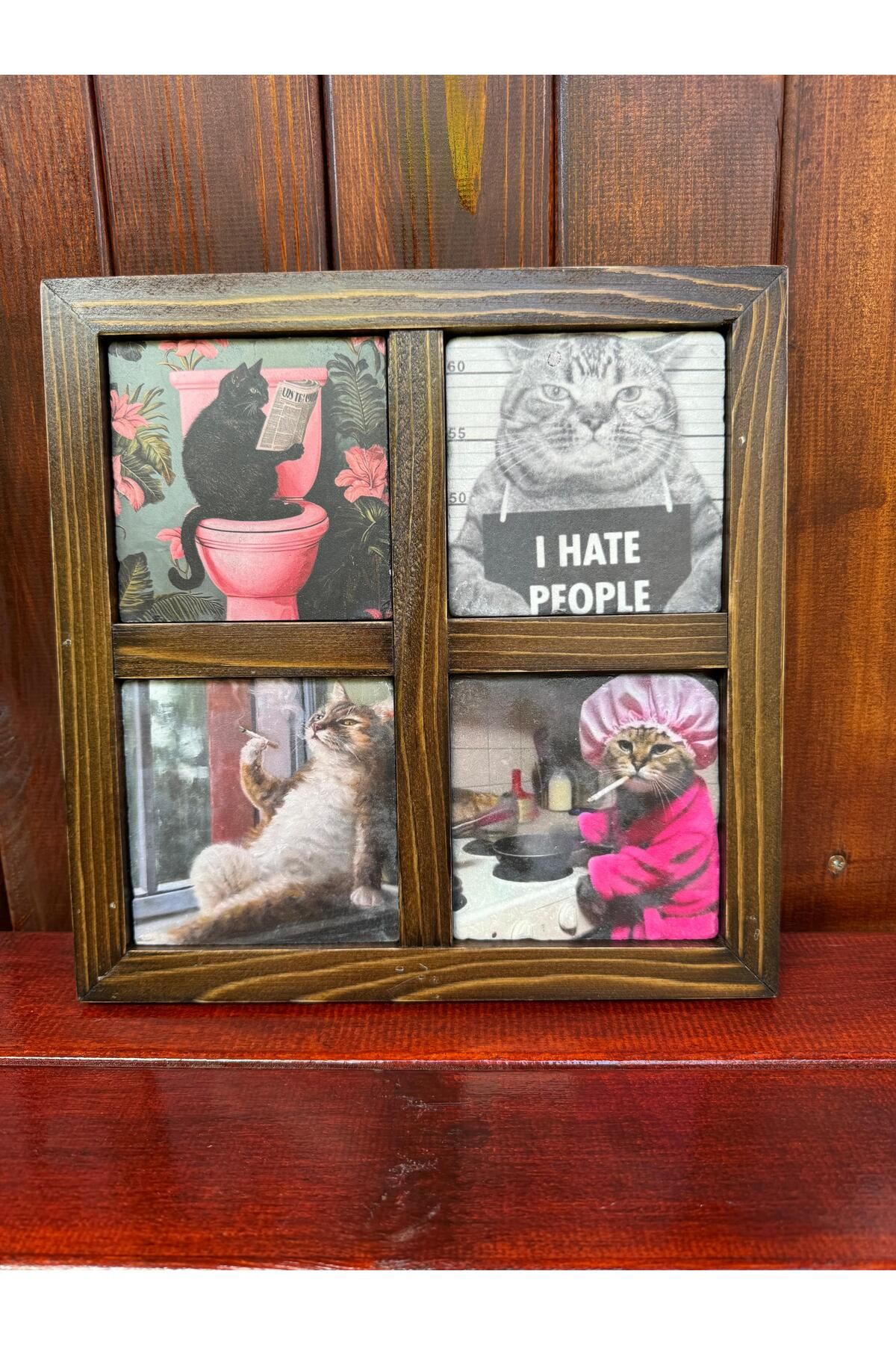 Butik Doğal Ahşap Çerçeveli UV Baskılı Taş Çerçeve 26x26 cm (Kedi2 Desen)
