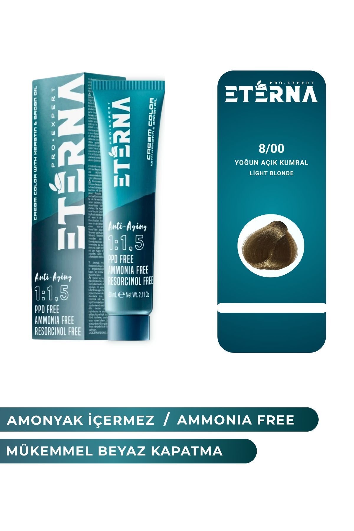 ETERNA Amonyaksız Organik İçerikli Saç Boyası 60 ml 8/00 Yoğun Açık Kumral ve 90 ml Eterna Oksidan