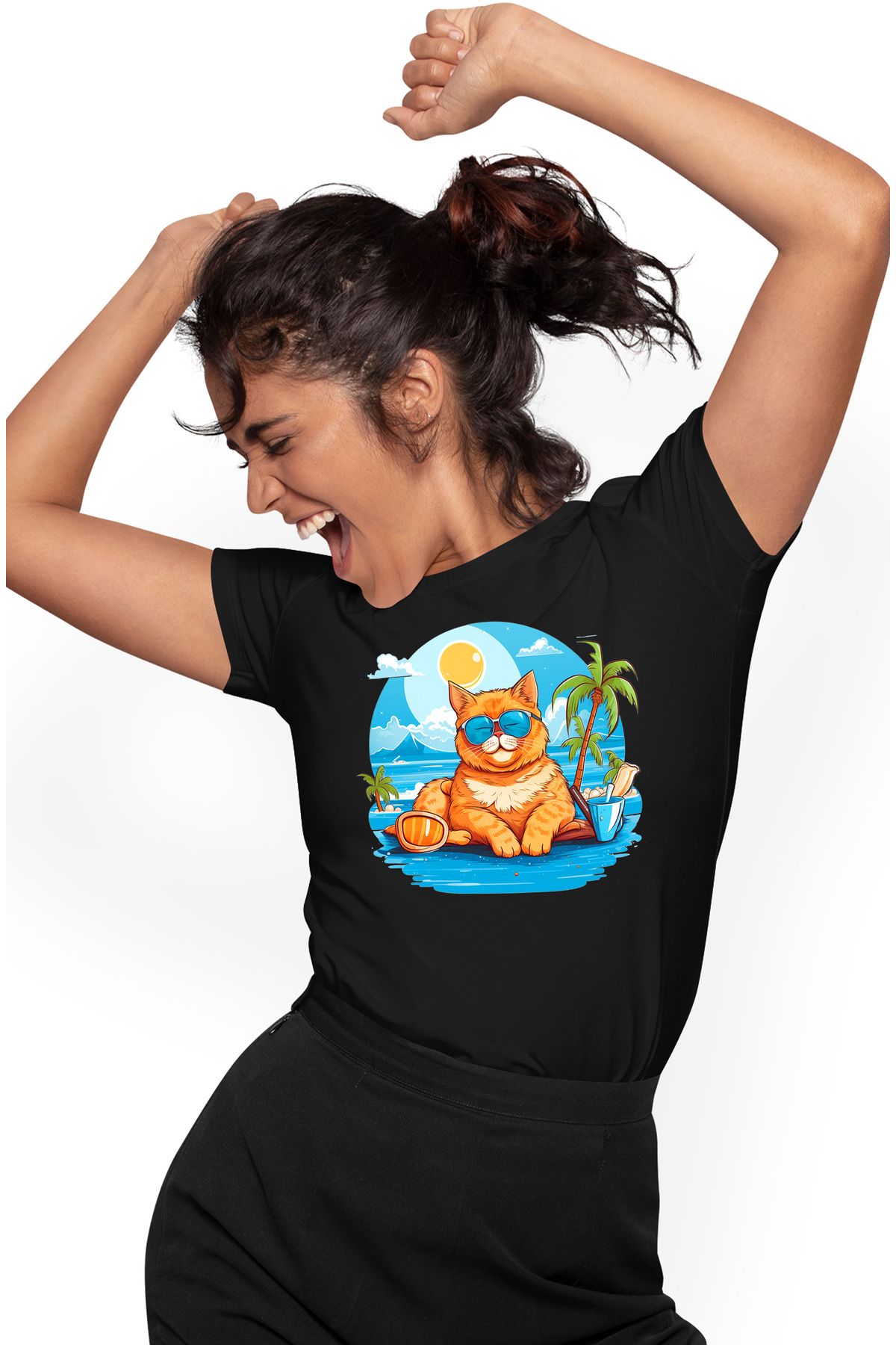 StoryGift Romania Tricou Femei Cu O Pisica La Mare, Ochelari De Soare, Palmier, Plaja, Apa, Mare, Blk_m Femeie - S