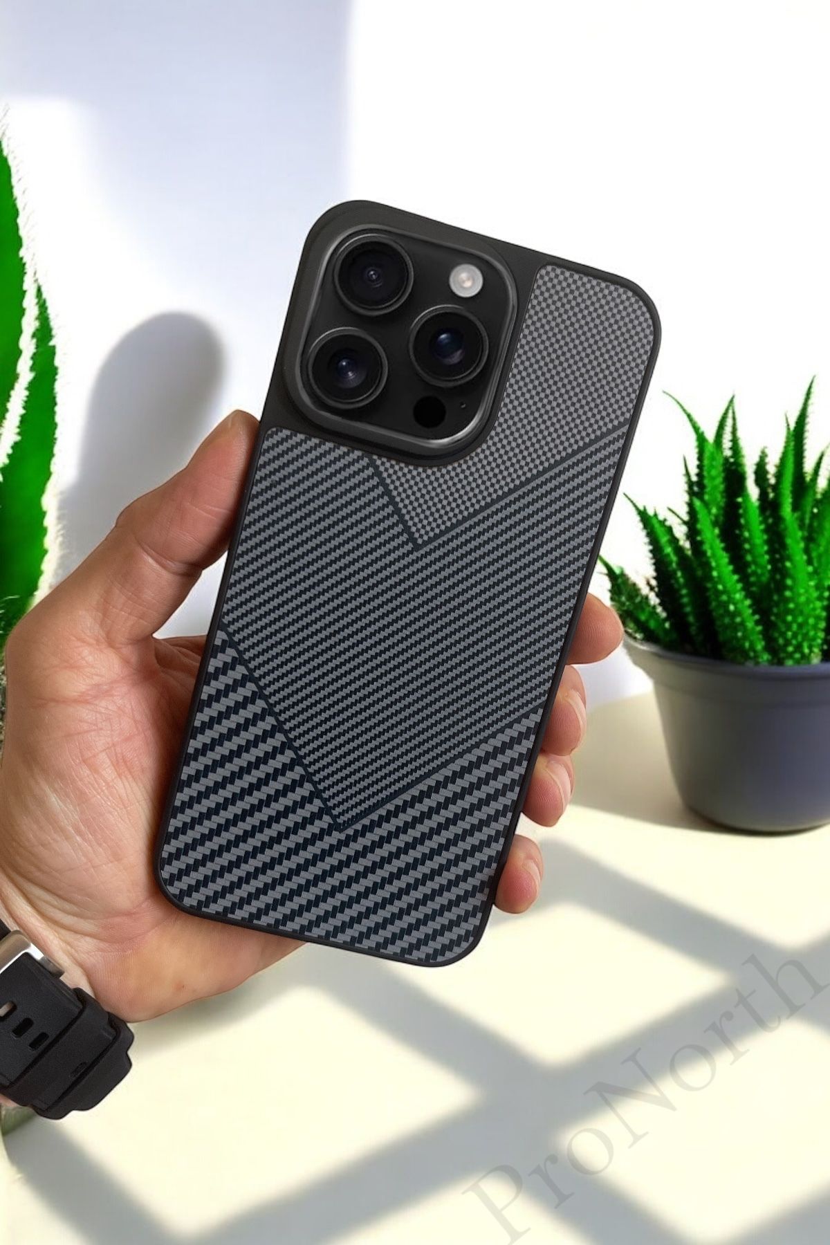 ProNorth Apple İphone 15 Pro Max Uyumlu Kılıf Karbon Görünümlü Silikon Kılıf / Kapak