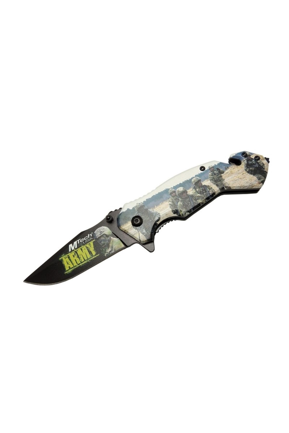 ÖYKÜ VE YİĞİT 4 23 3 Army Kurtarma / Kamp Çakı 20cm - Yarı Otomatik, Cam Kırma Ve İp Kesme Aparatlı
