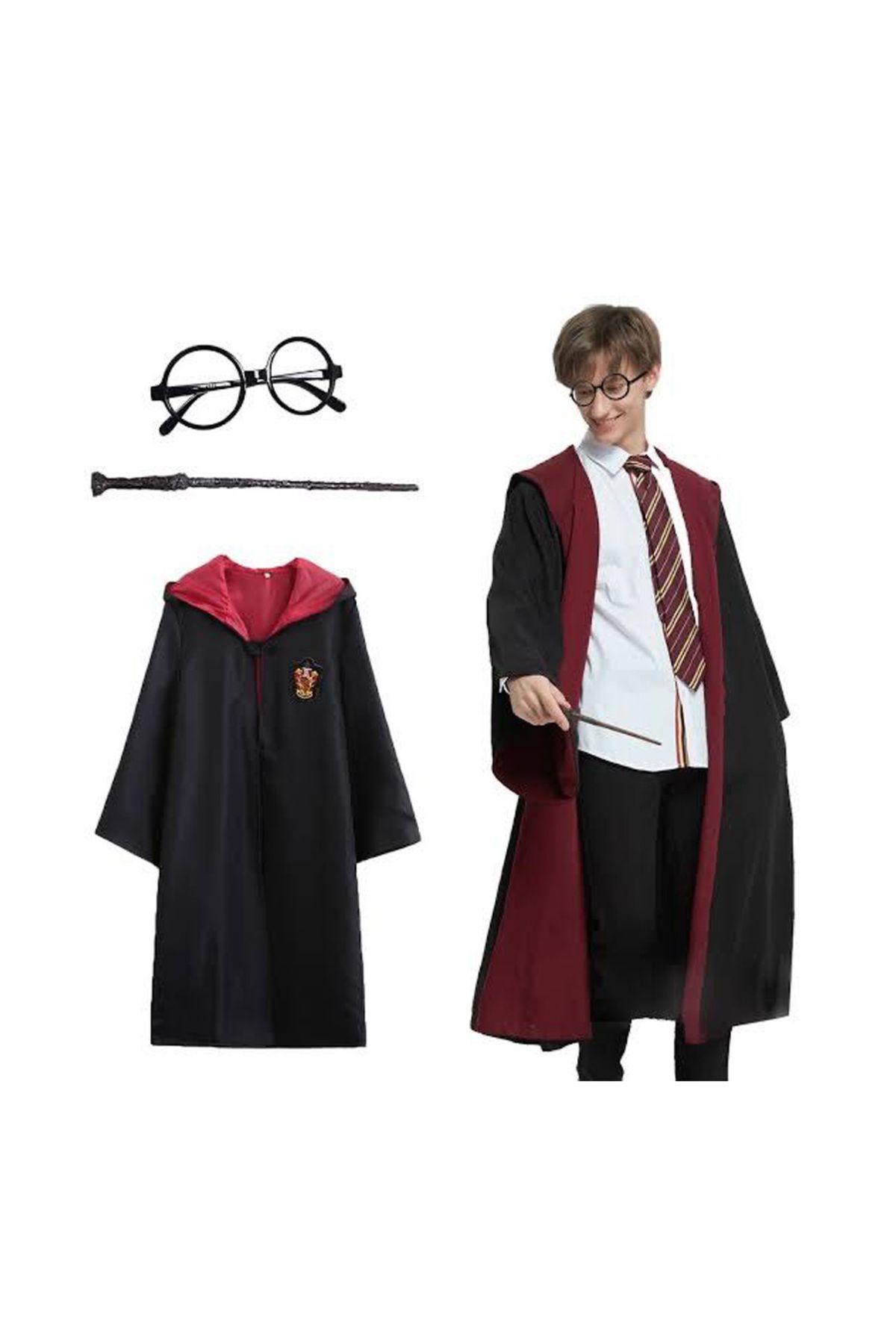 Skygo Harry Potter Gryffindor Kapişonlu Çocuk Kostüm + Asa + Gözlük Seti 11-12 Yaş