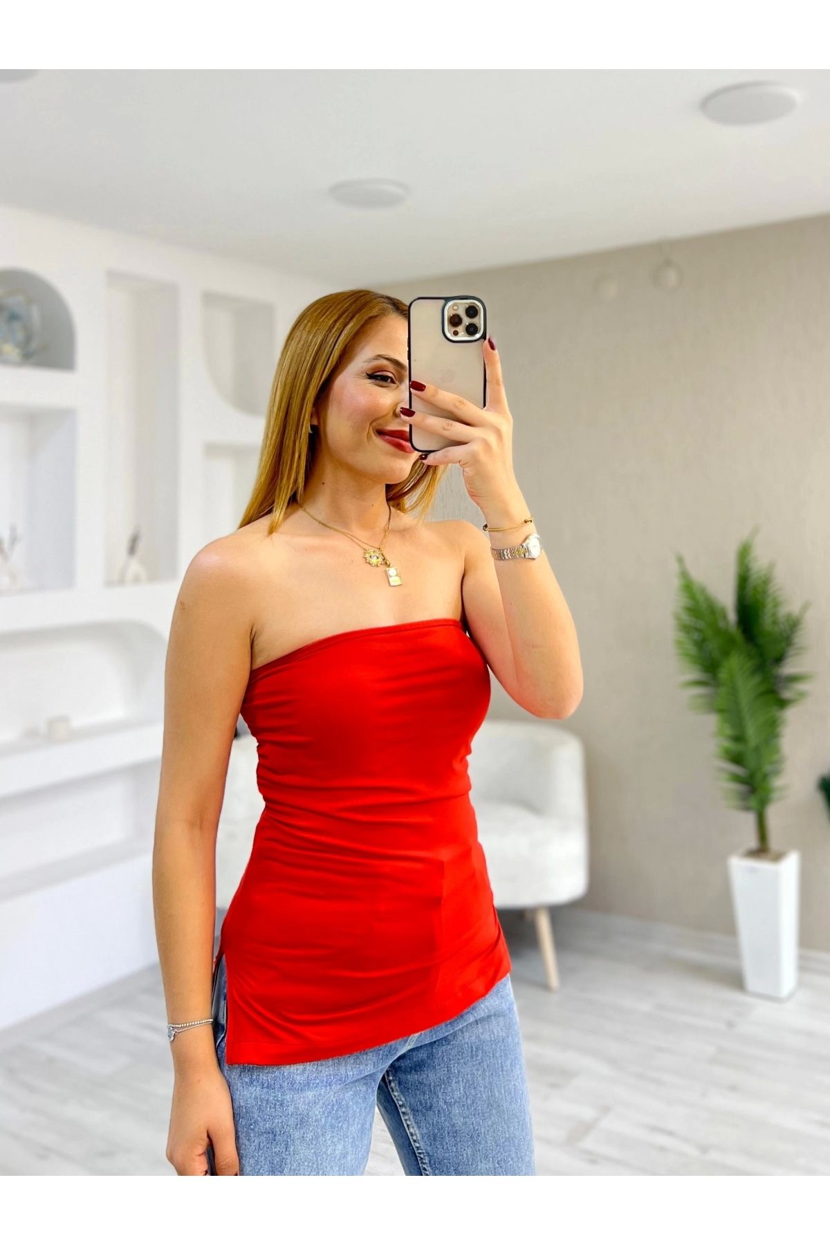 İrka Moda Straplez Yanı Yırtmaçlı Sandy Kumaş Bluz Turuncu